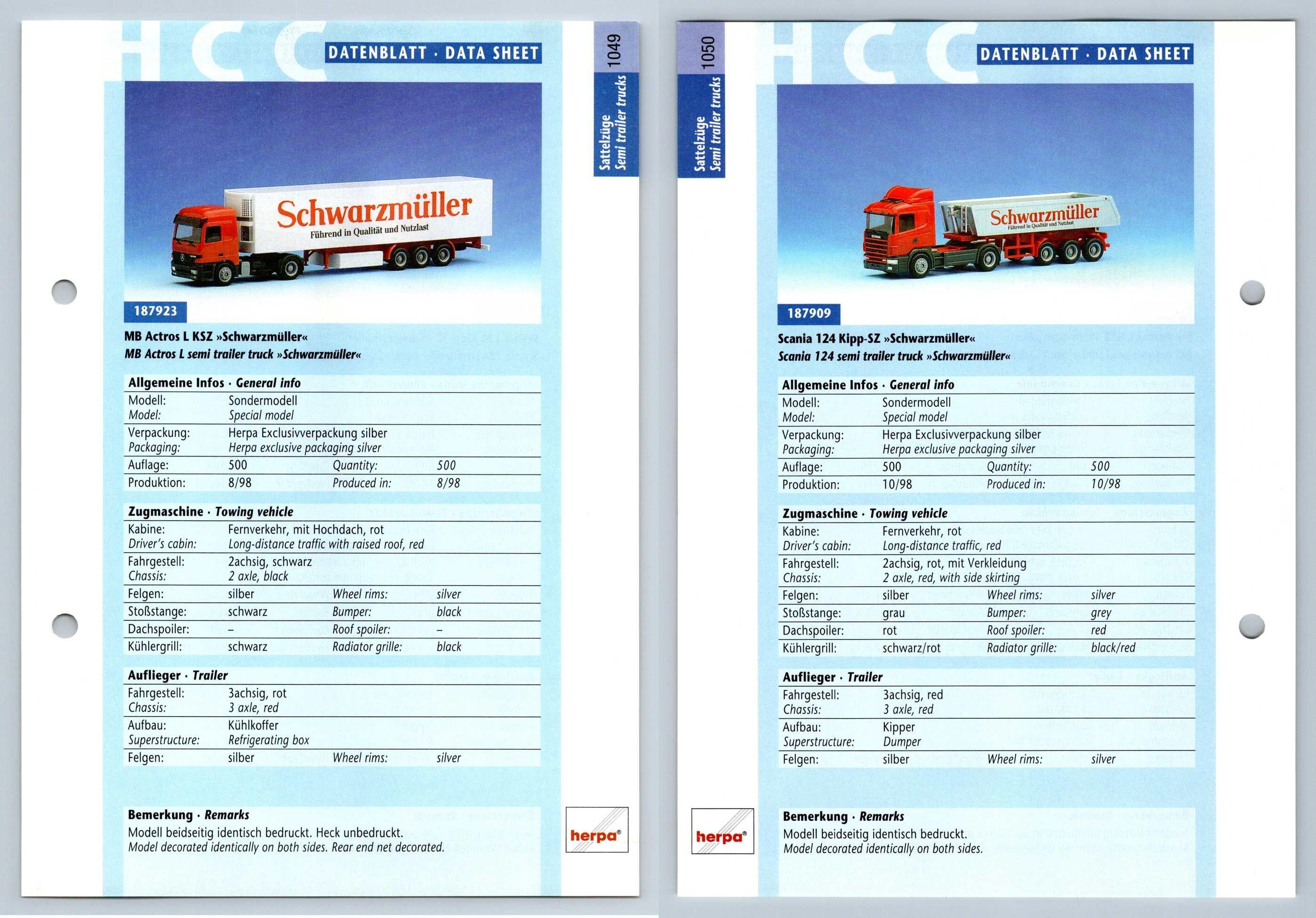 MB Actros L / Scania 124 Kipp #1049/50 Sattelzuge - Herpa Data Sheet-Breakoutcards