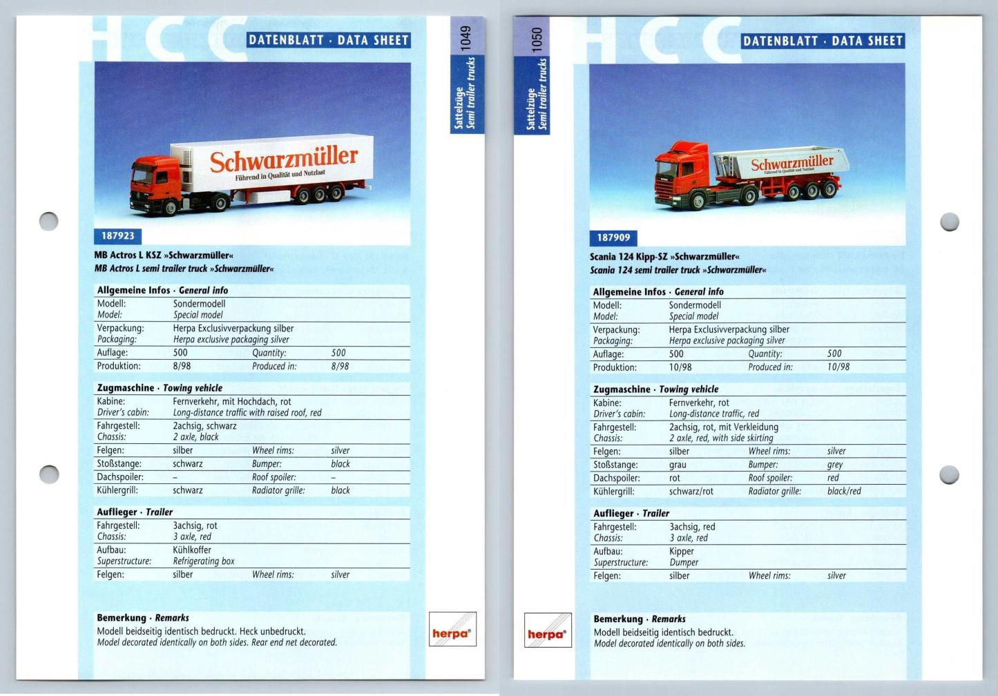 MB Actros L / Scania 124 Kipp #1049/50 Sattelzuge - Herpa Data Sheet-Breakoutcards
