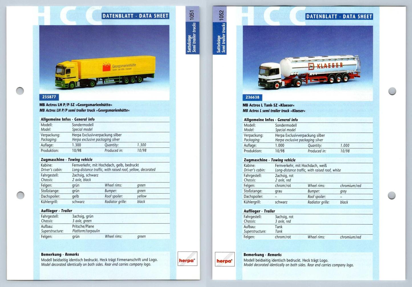 MB Actros LH / L Tank #1051/2 Sattelzuge - Herpa Data Sheet-Breakoutcards