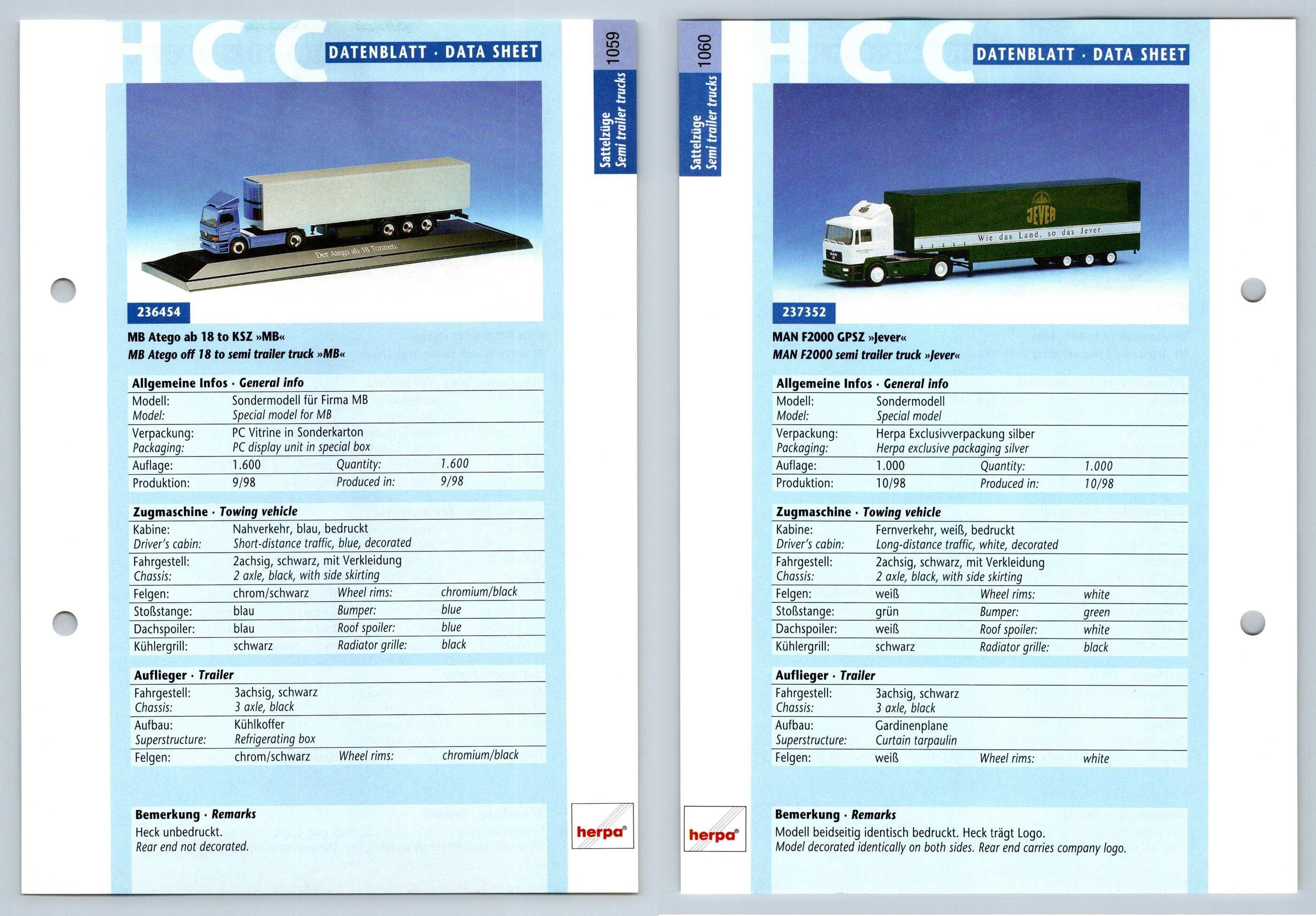 MB Atego ab 18 / MAN F2000 #1059/60 Sattelzuge - Herpa Data Sheet-Breakoutcards