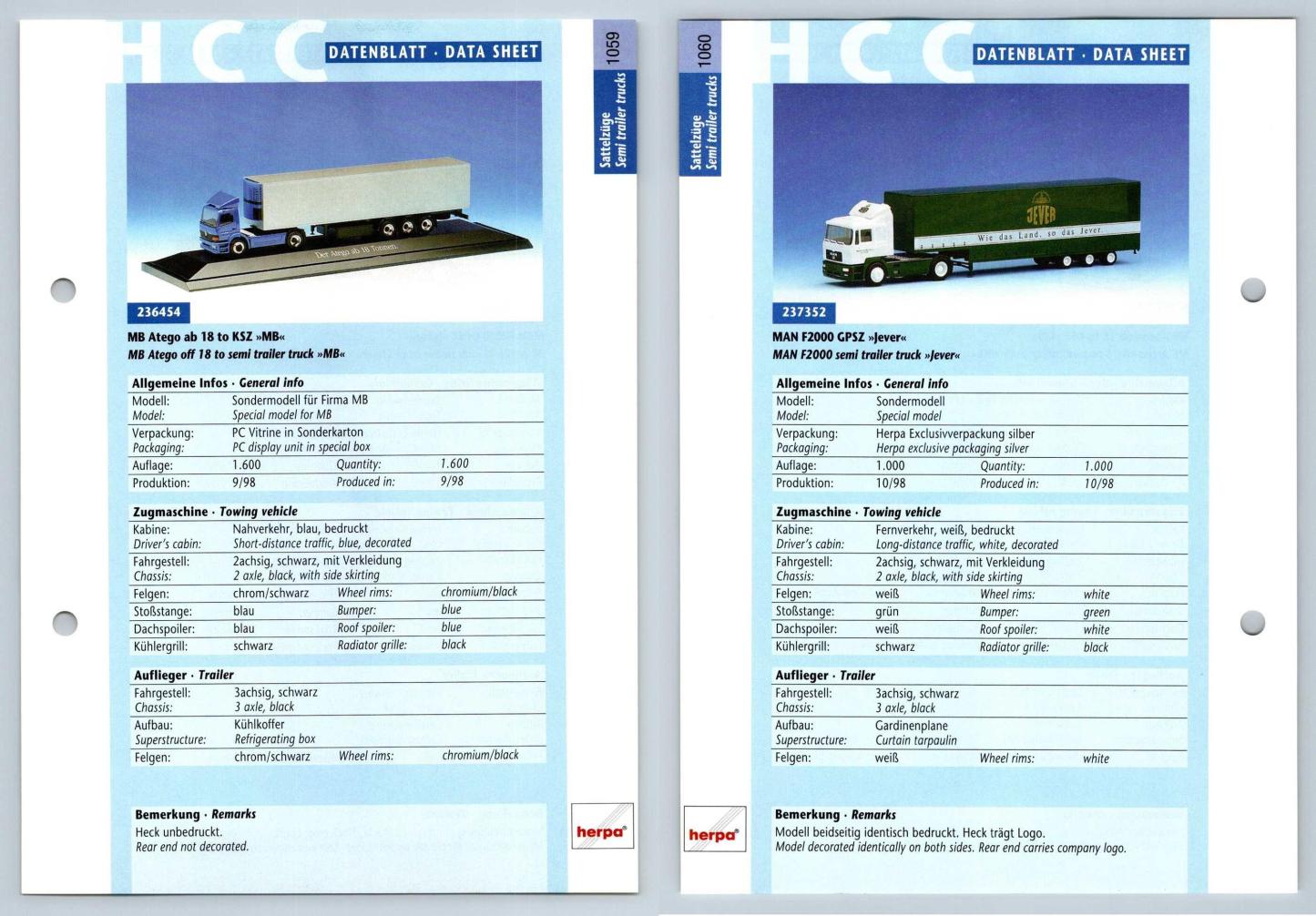 MB Atego ab 18 / MAN F2000 #1059/60 Sattelzuge - Herpa Data Sheet-Breakoutcards