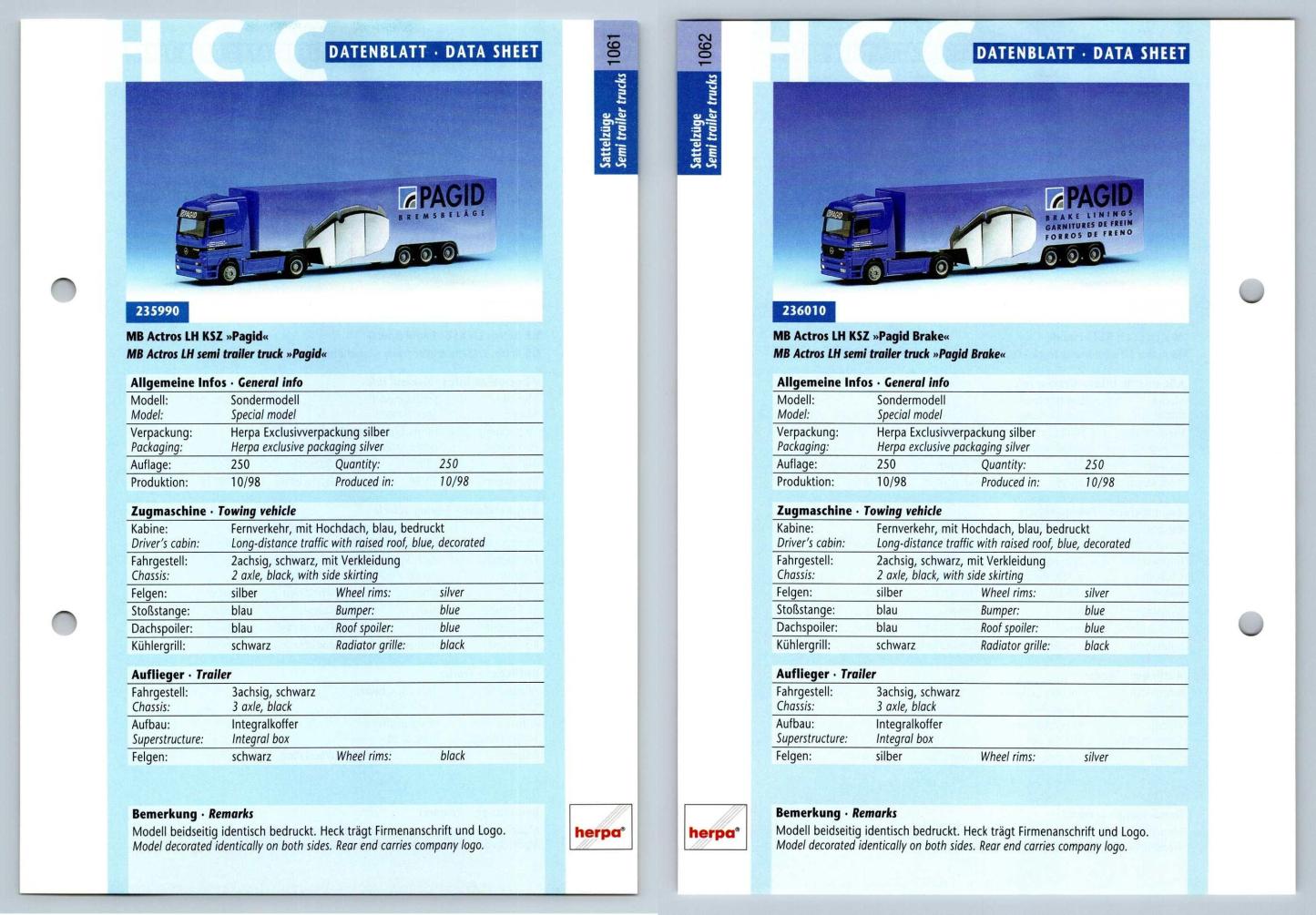 MB Actros LH Pagid / Brake #1061/2 Sattelzuge - Herpa Data Sheet-Breakoutcards