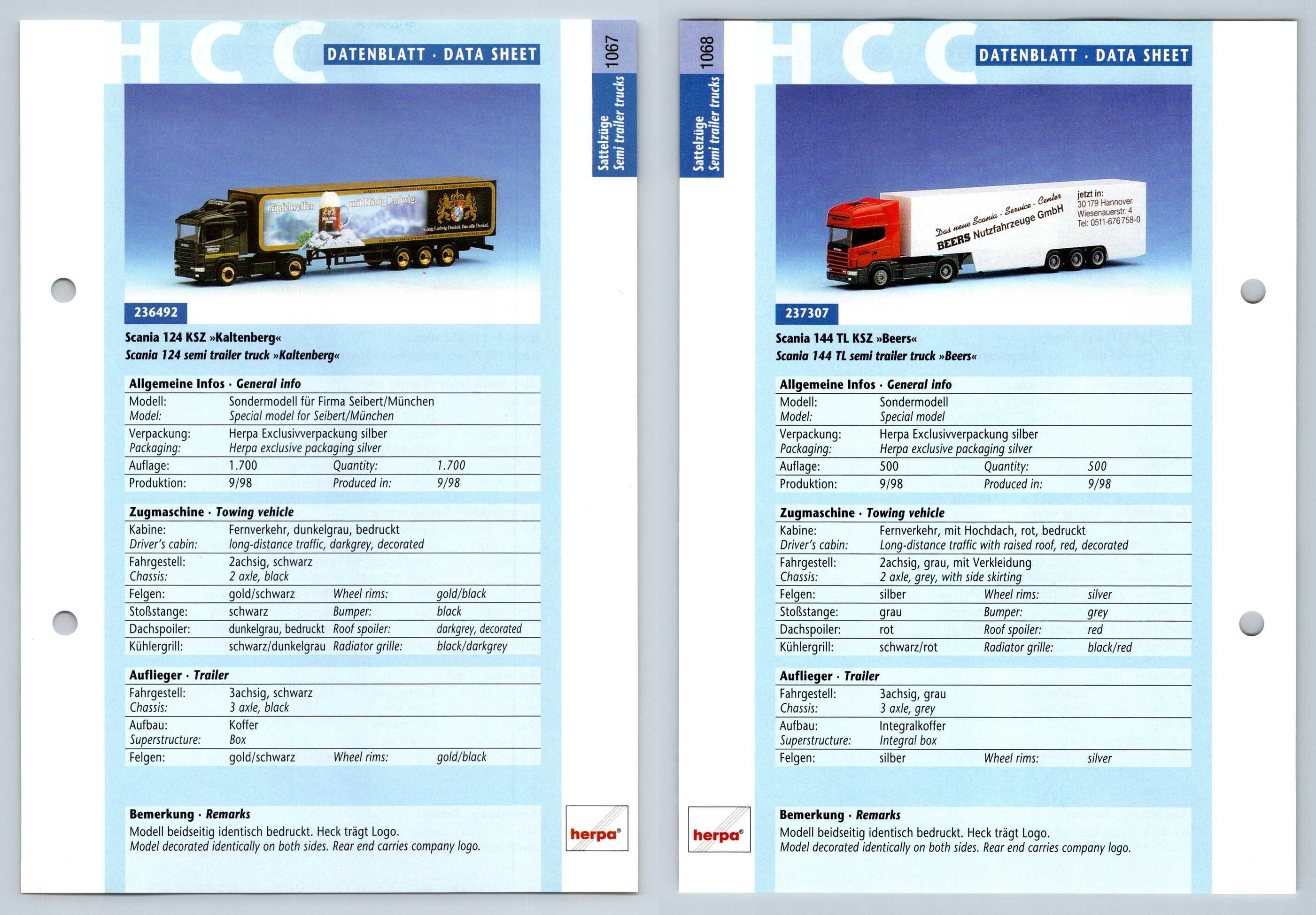 Scania 124 KSZ / 144 TL #1067/8 Sattelzuge - Herpa Data Sheet-Breakoutcards
