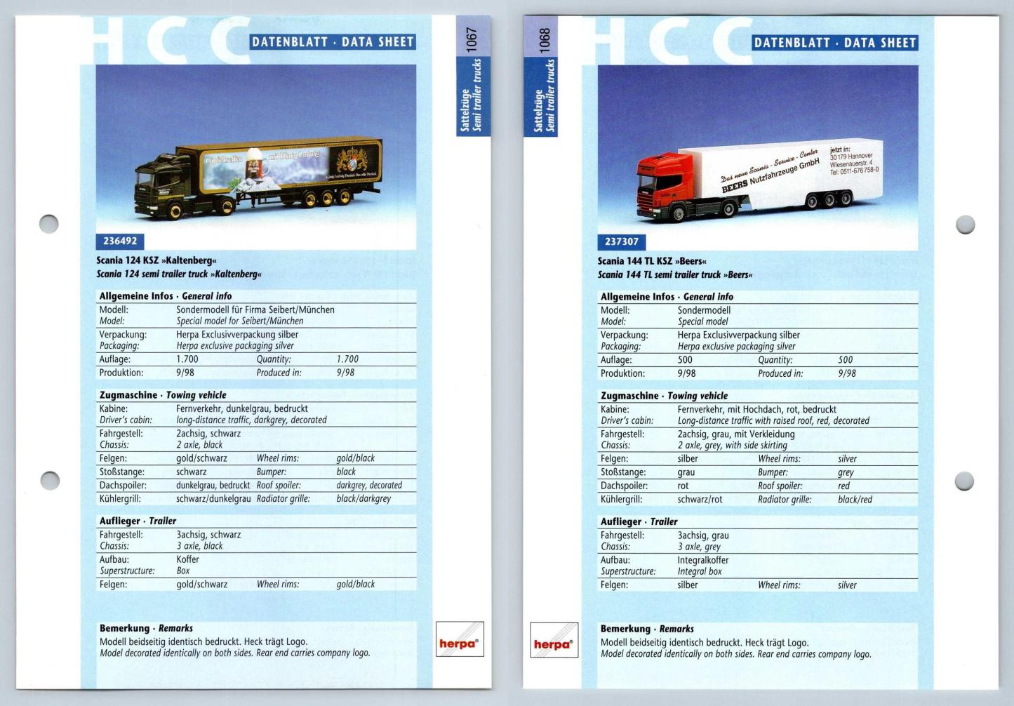 Scania 124 KSZ / 144 TL #1067/8 Sattelzuge - Herpa Data Sheet-Breakoutcards