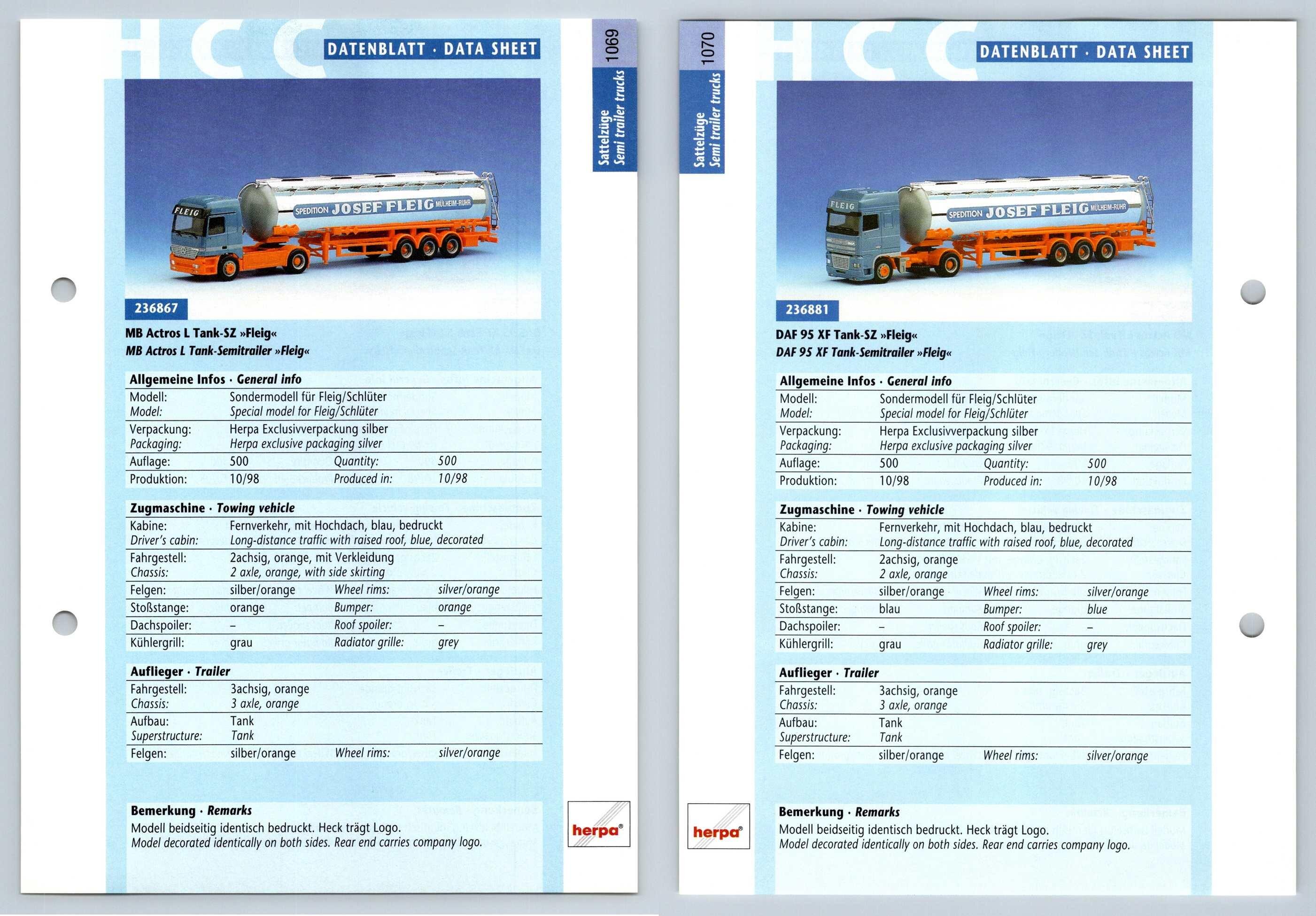 MB Actros L / DAF 95 XF #1069/70 Sattelzuge - Herpa Data Sheet-Breakoutcards