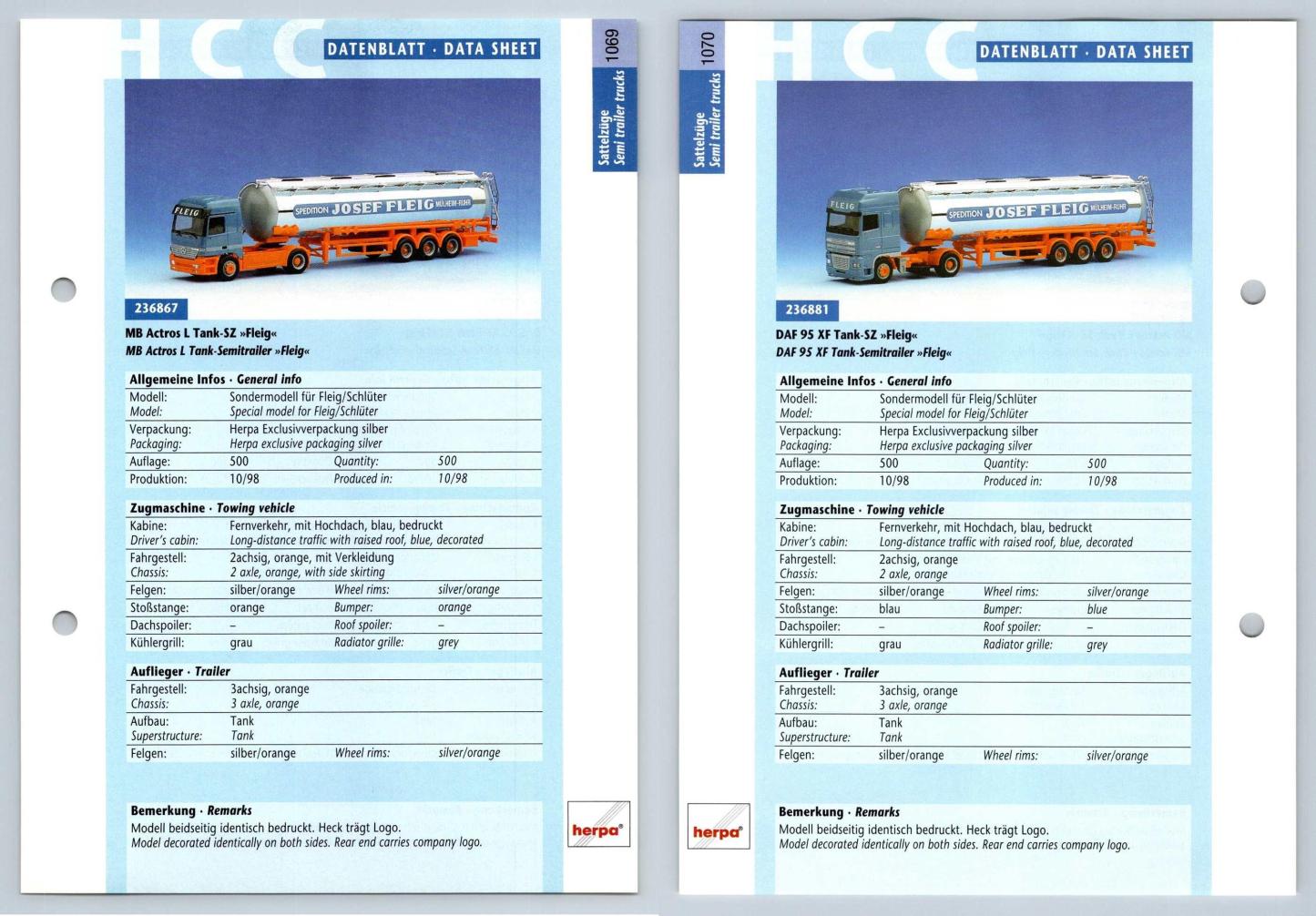 MB Actros L / DAF 95 XF #1069/70 Sattelzuge - Herpa Data Sheet-Breakoutcards
