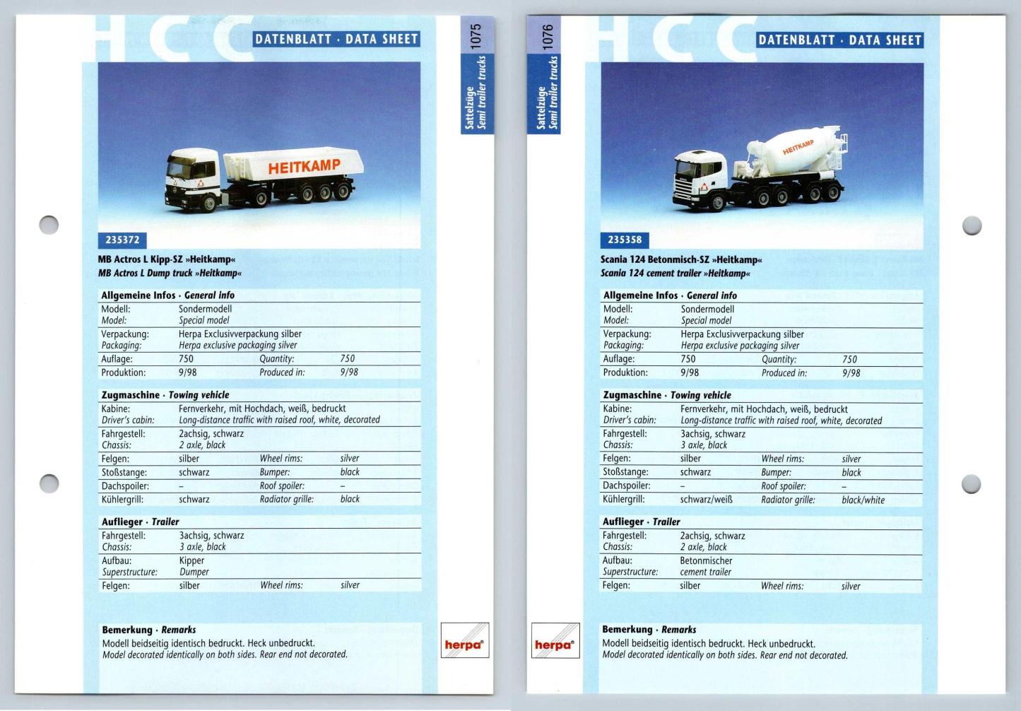 MB Actros L Kipp / Scania 124 #1075/6 Sattelzuge - Herpa Data Sheet-Breakoutcards