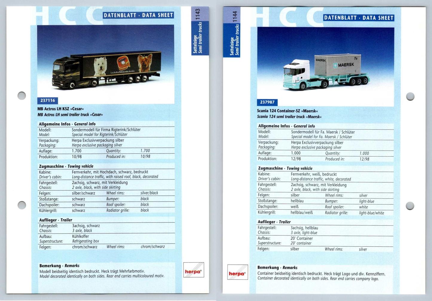 MB Actros L Silo / Scania 124 Kipp #1155/6 Sattelzuge - Herpa Data Sheet-Breakoutcards
