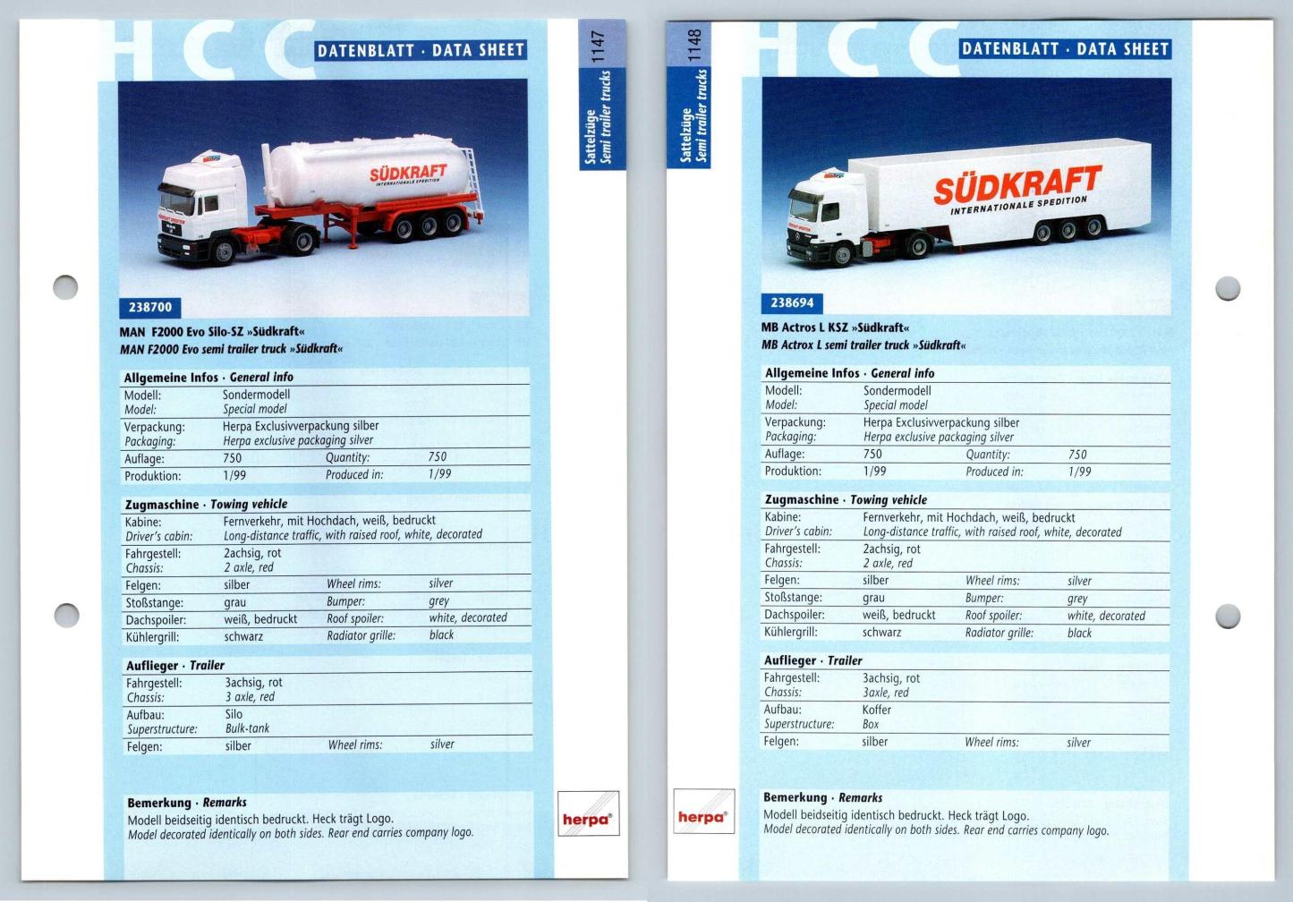 MAN F2000 Evo /MB Actros L #1147/8 Sattelzuge - Herpa Data Sheet-Breakoutcards