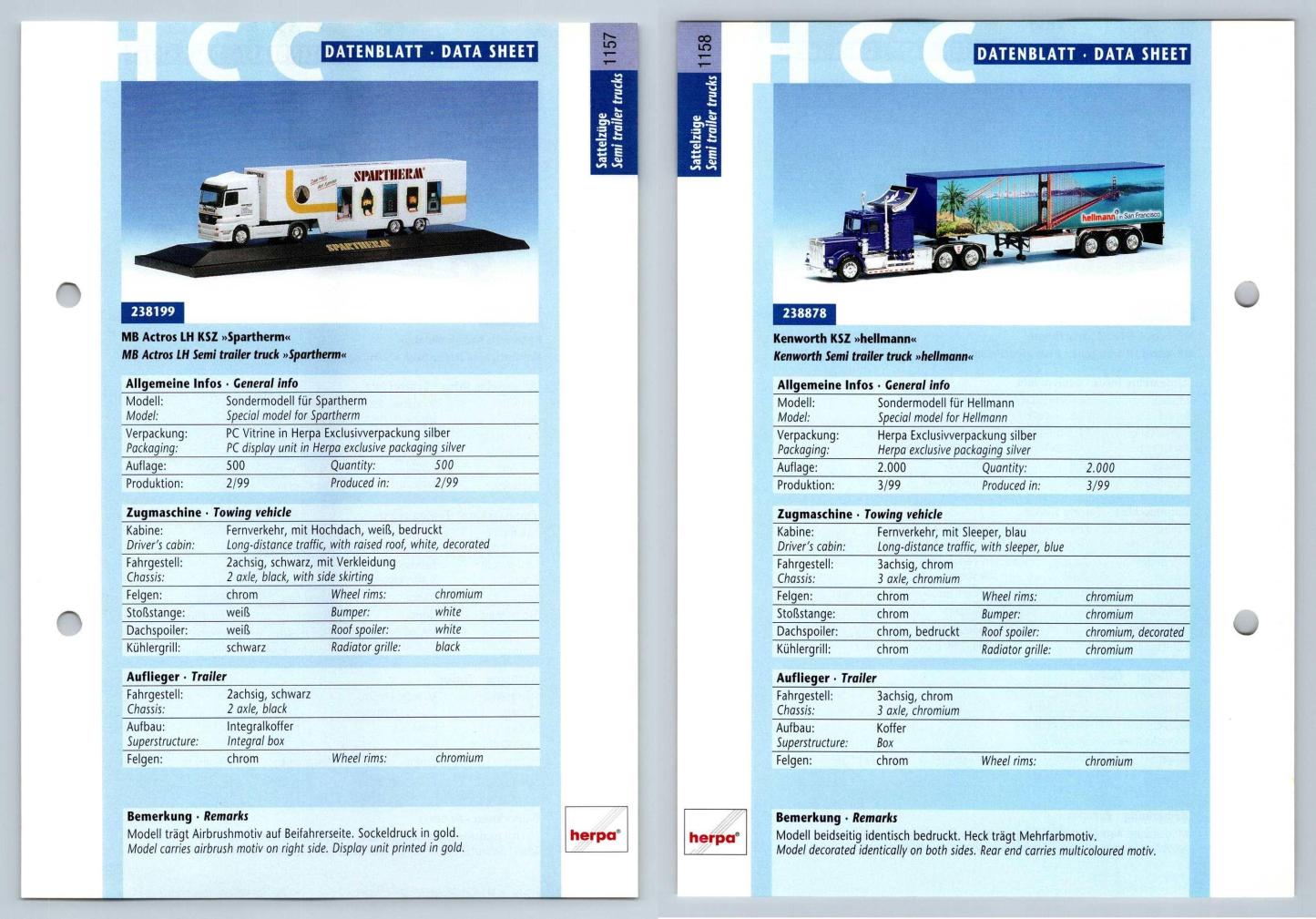 MB Actros LH / Kenworth KSZ #1157/8 Sattelzuge - Herpa Data Sheet-Breakoutcards