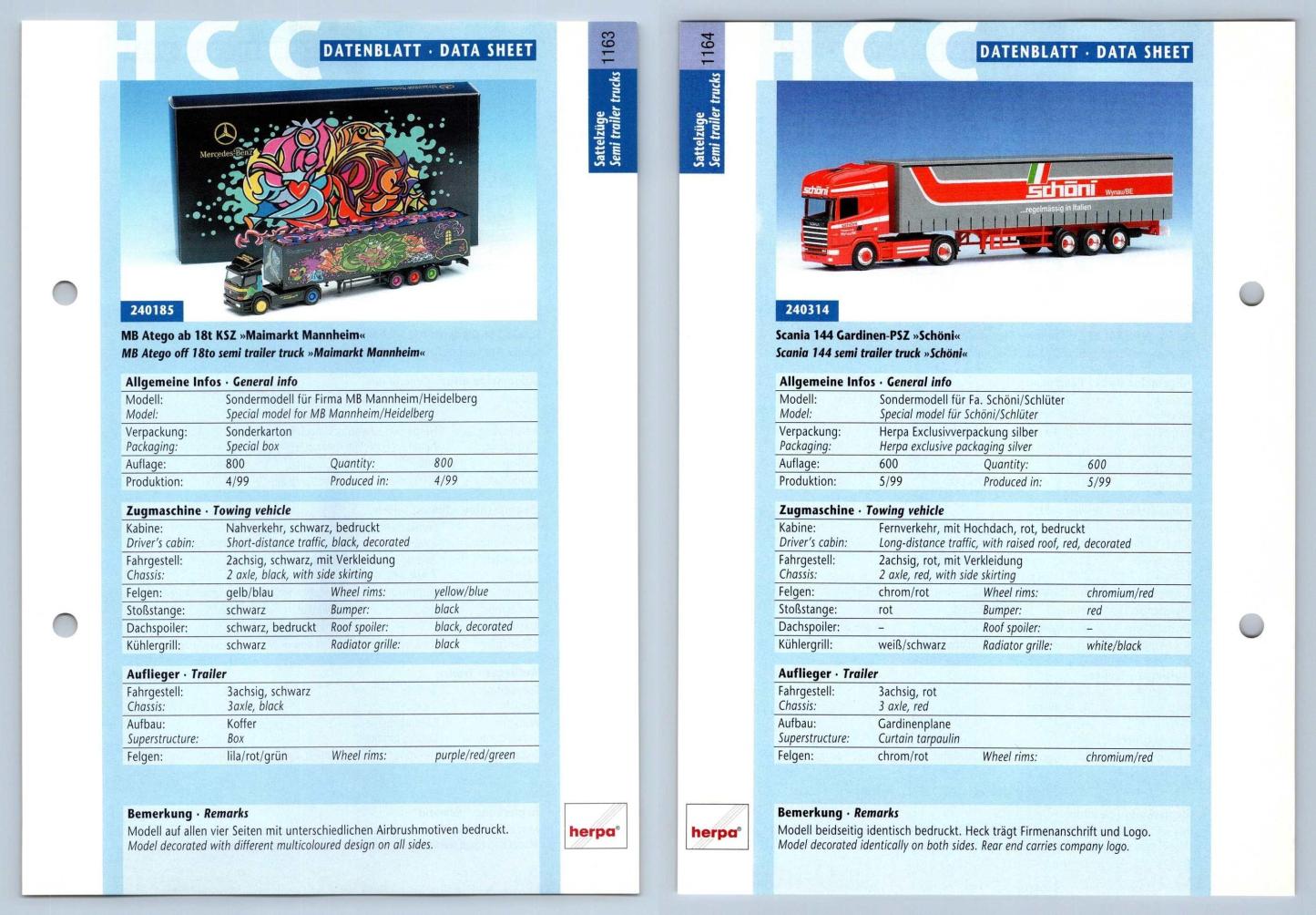 MB Atego ab 18t / Scania 144 #1163/4 Sattelzuge - Herpa Data Sheet-Breakoutcards