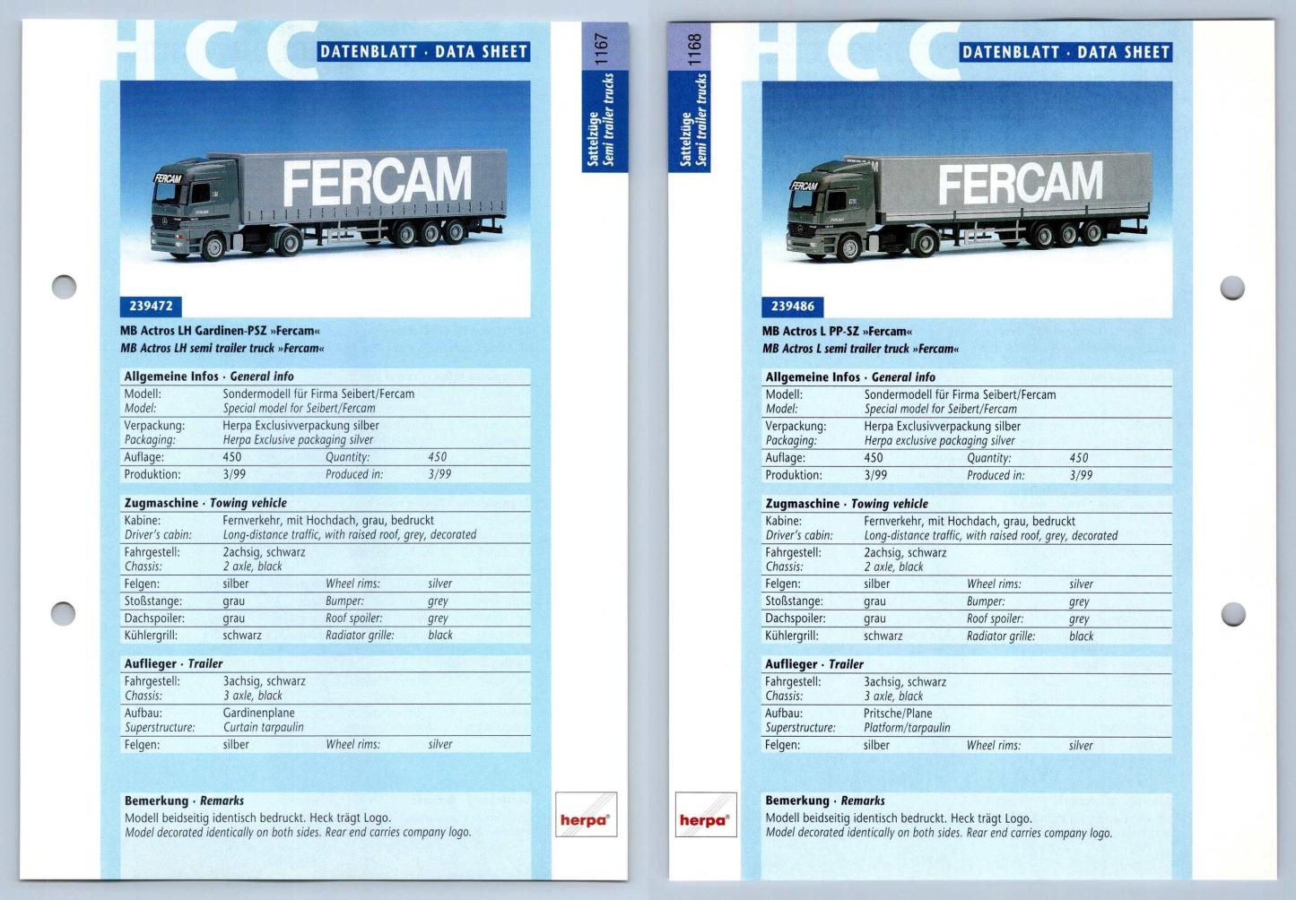 MB Actros LH / L PP-SZ #1167/8 Sattelzuge - Herpa Data Sheet-Breakoutcards