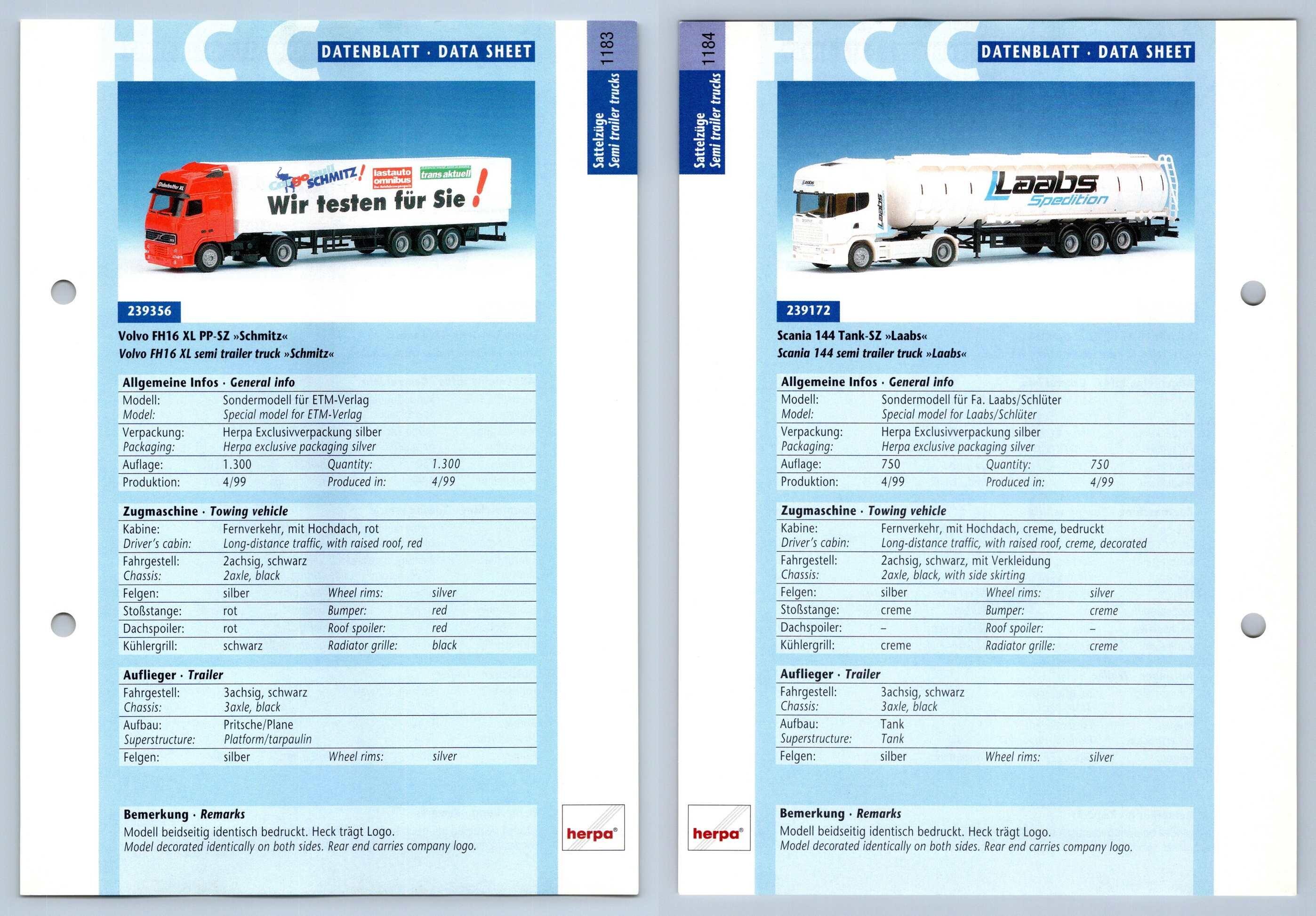 Volvo FH16 XL / Scania 144 Tank #1183/4 Sattelzuge - Herpa Data Sheet-Breakoutcards