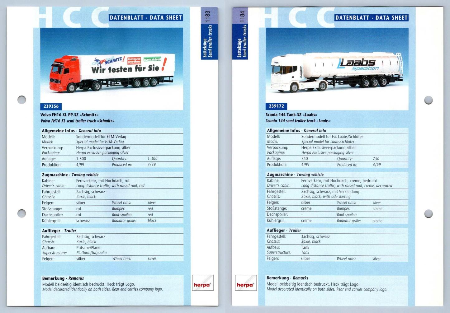 Volvo FH16 XL / Scania 144 Tank #1183/4 Sattelzuge - Herpa Data Sheet-Breakoutcards