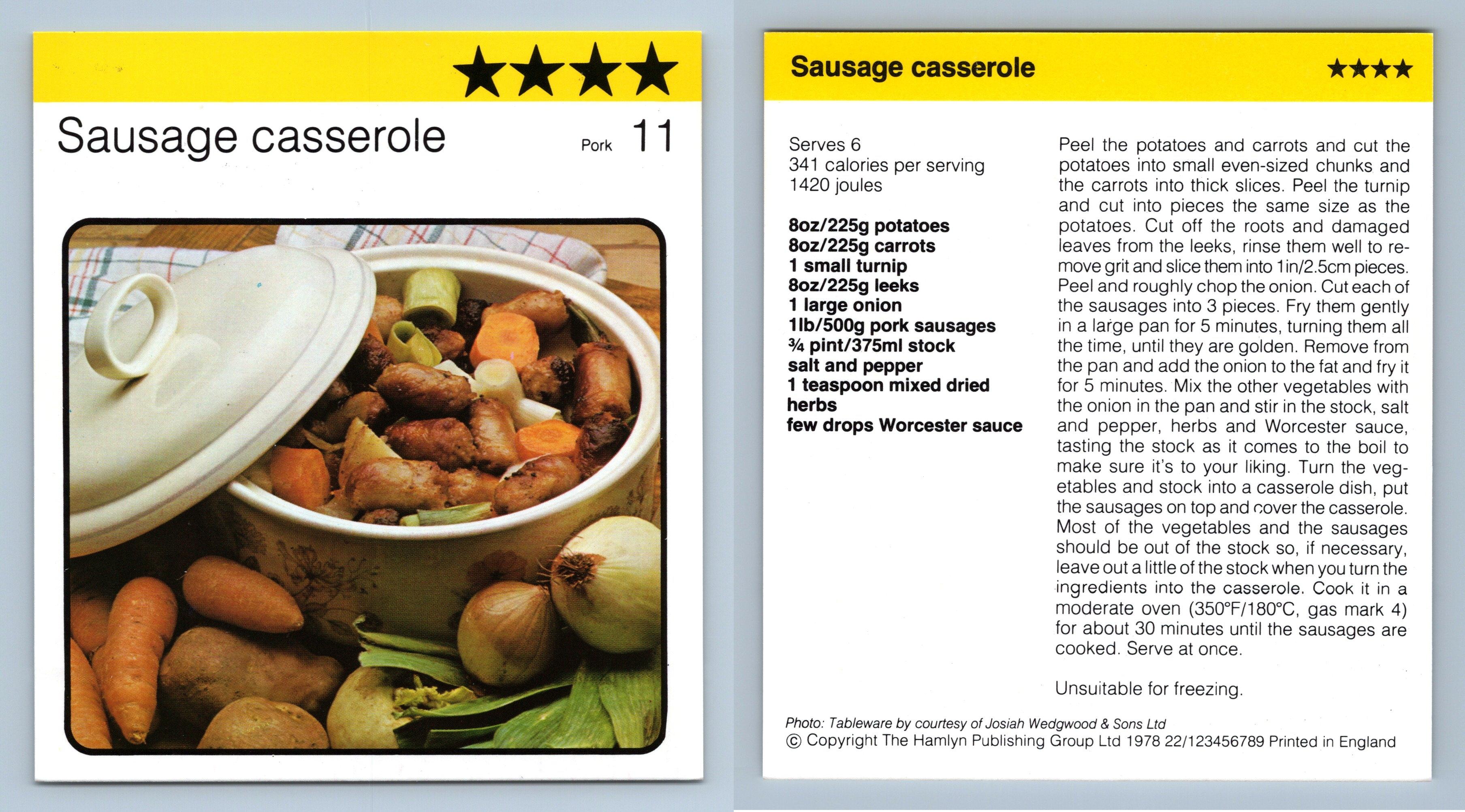 Sausage Casserole #11 Pork Kathie Webbers Cookery 1977-8 Recipe Card