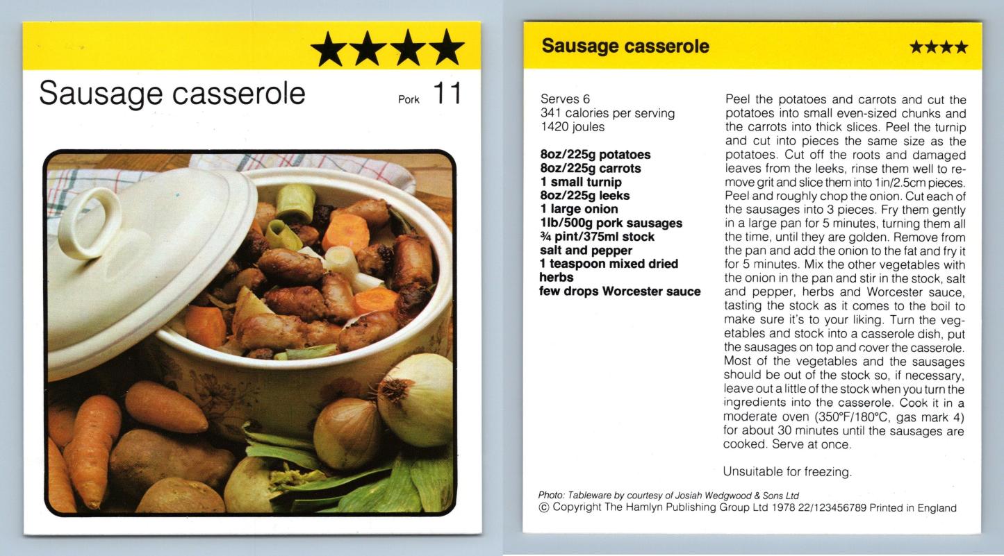 Sausage Casserole #11 Pork Kathie Webbers Cookery 1977-8 Recipe Card