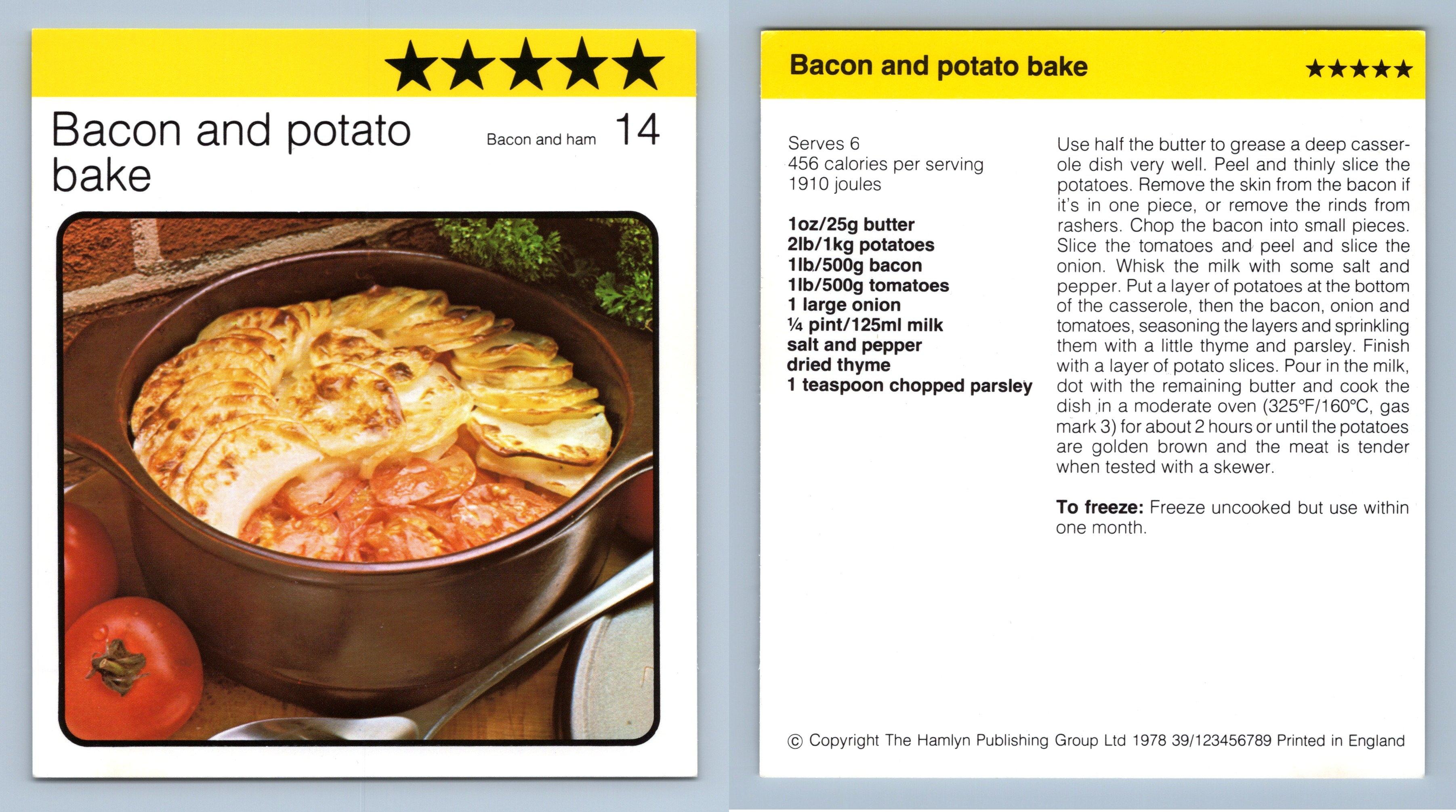 Bacon & Potato Bake #14 Bacon & Ham Kathie Webbers Cookery 1977-8 Recipe Card