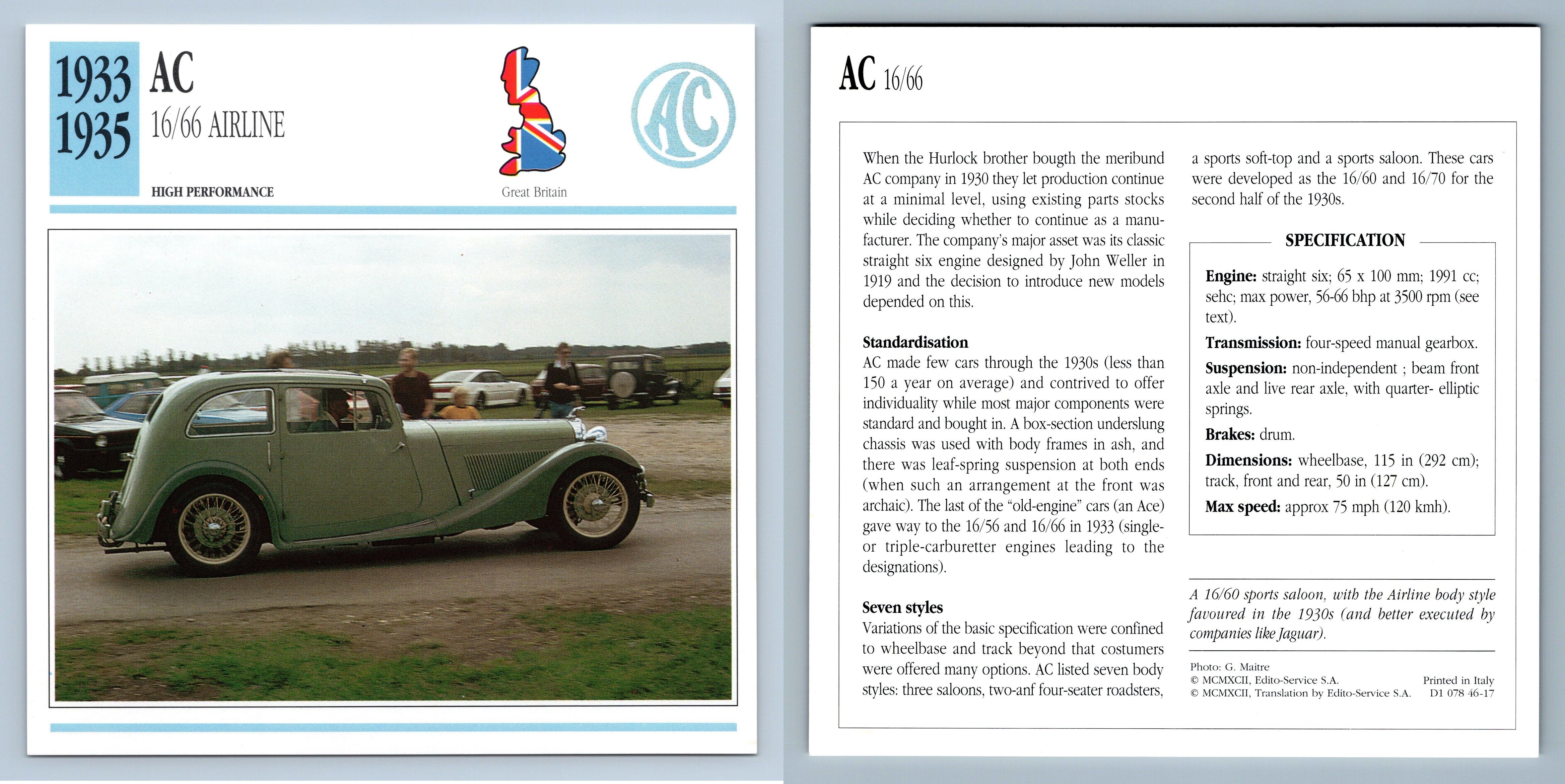 AC 16/66 Airline - 1933-35 High Performance - Classic Cars Collectors Club Card