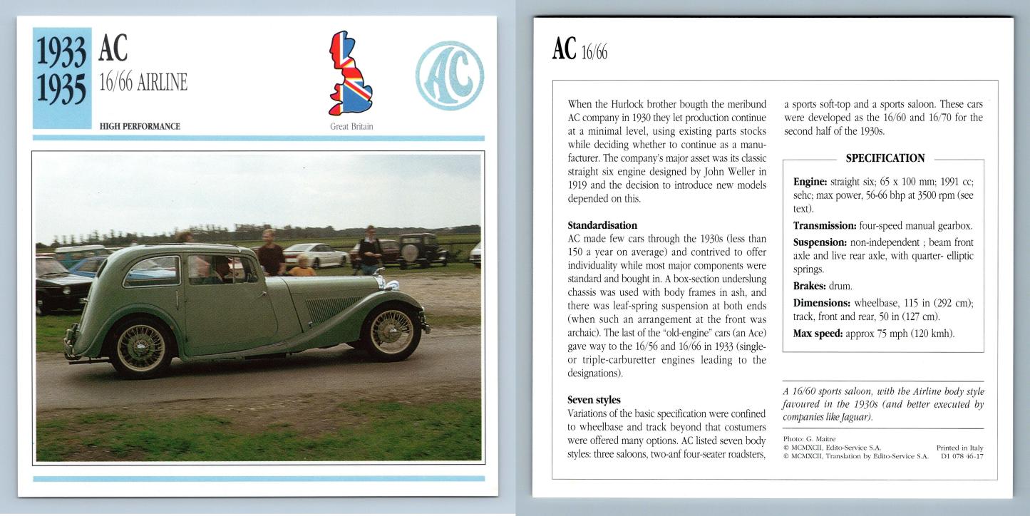 AC 16/66 Airline - 1933-35 High Performance - Classic Cars Collectors Club Card