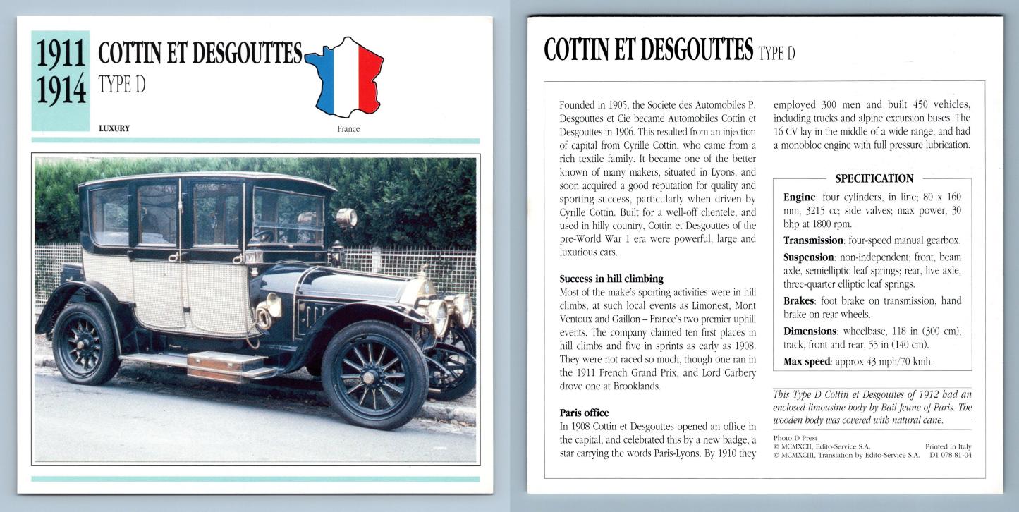Cottin Et Desgouttes Type D - 1911-14 Luxury - Classic Cars Collectors Club Card
