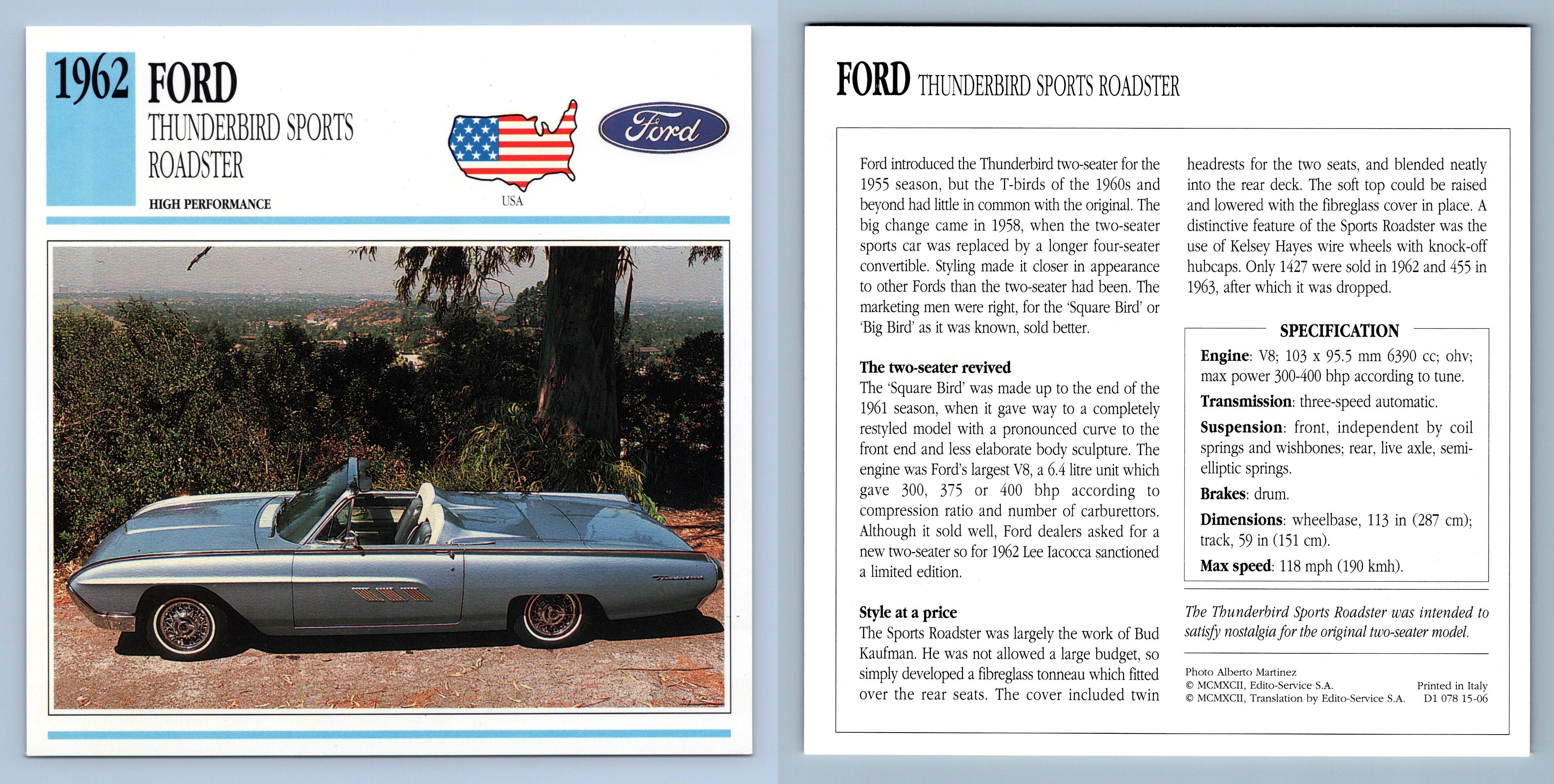 Ford Thunderbird Roadster - 1962 Performance - Classic Cars Collectors Club Card
