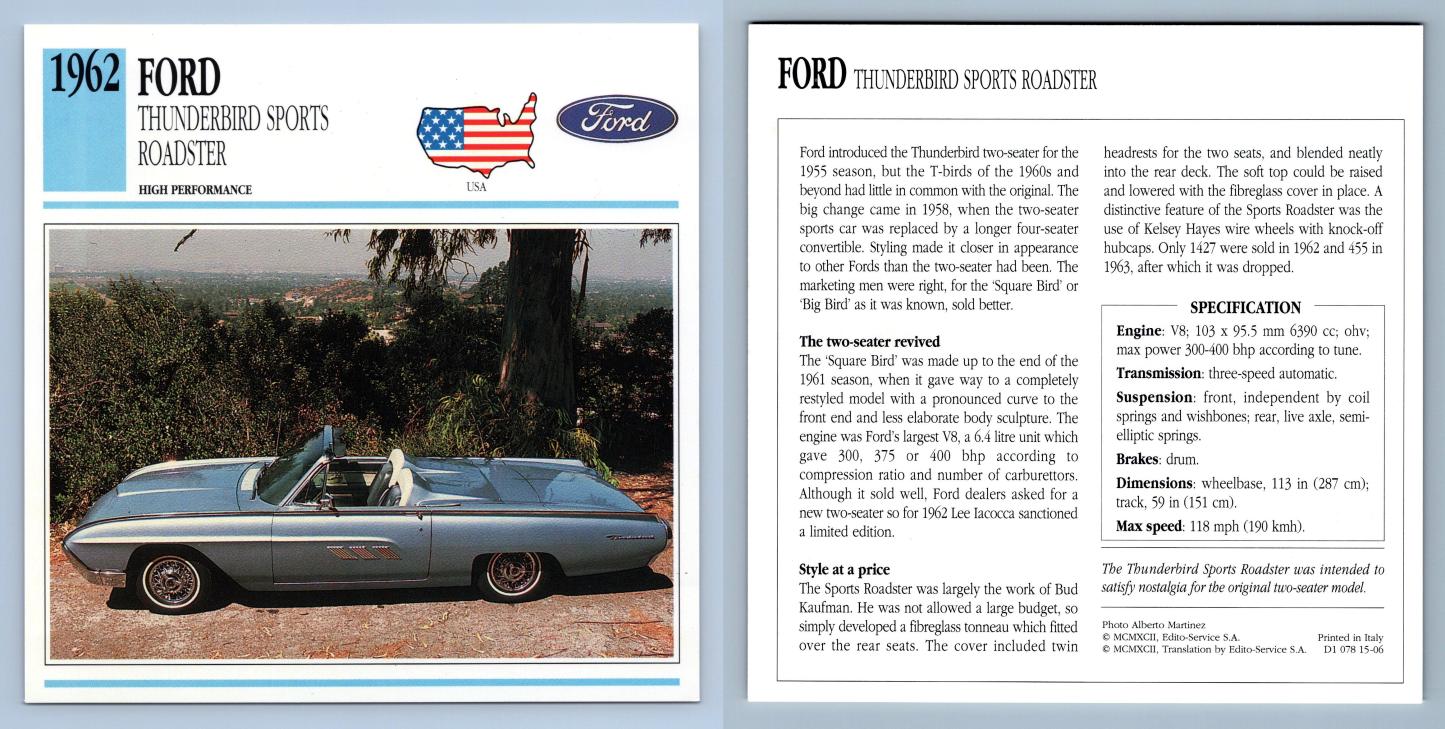 Ford Thunderbird Roadster - 1962 Performance - Classic Cars Collectors Club Card