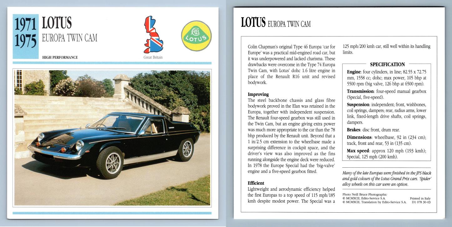 Lotus Europa Twin Cam - 1971-75 Performance - Classic Cars Collectors Club Card