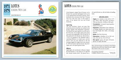 Lotus Europa Twin Cam - 1971-75 Performance - Classic Cars Collectors Club Card