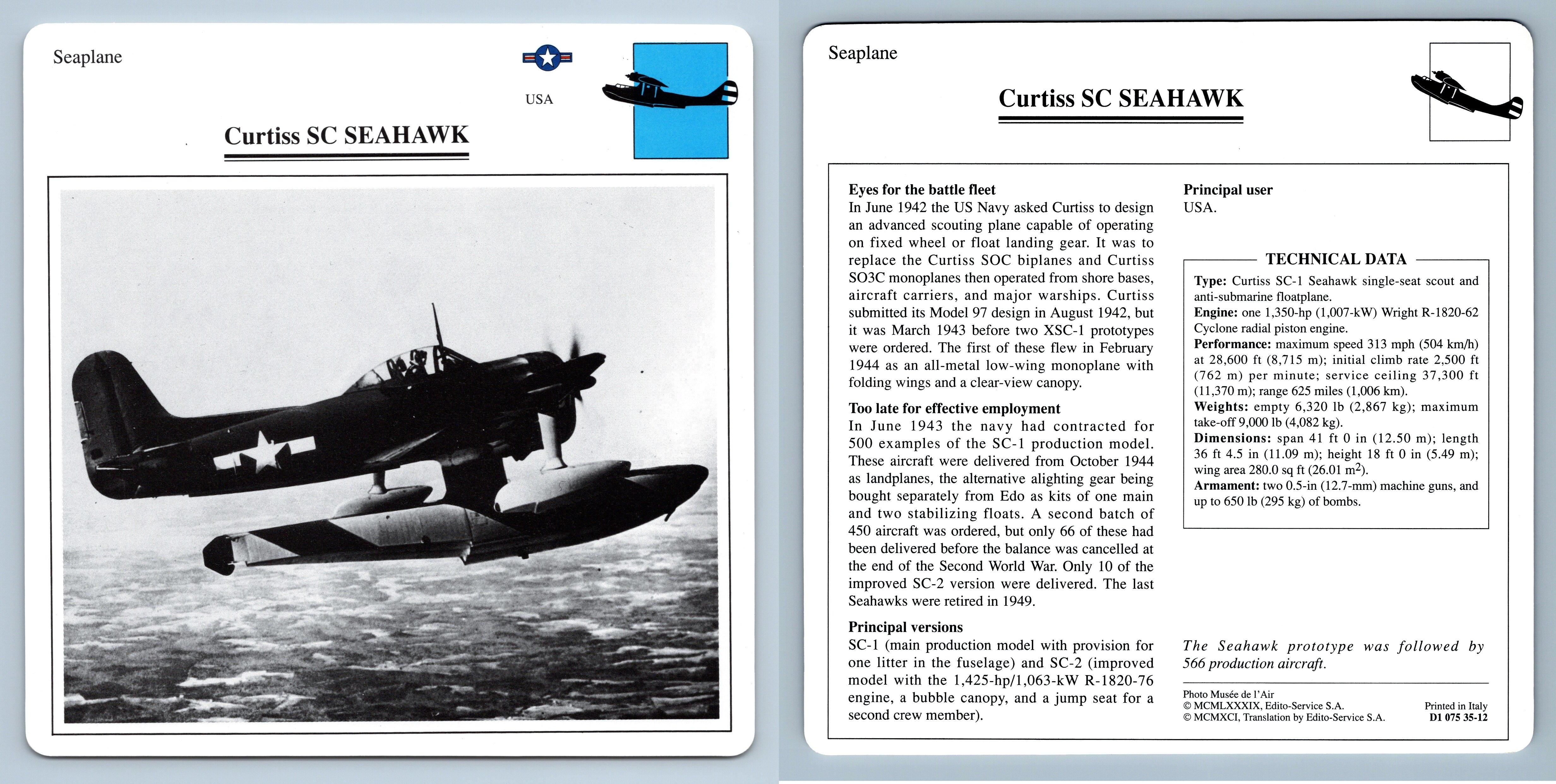 Curtiss SC Seahawk - Seaplane - Warplanes Collectors Club Card ...
