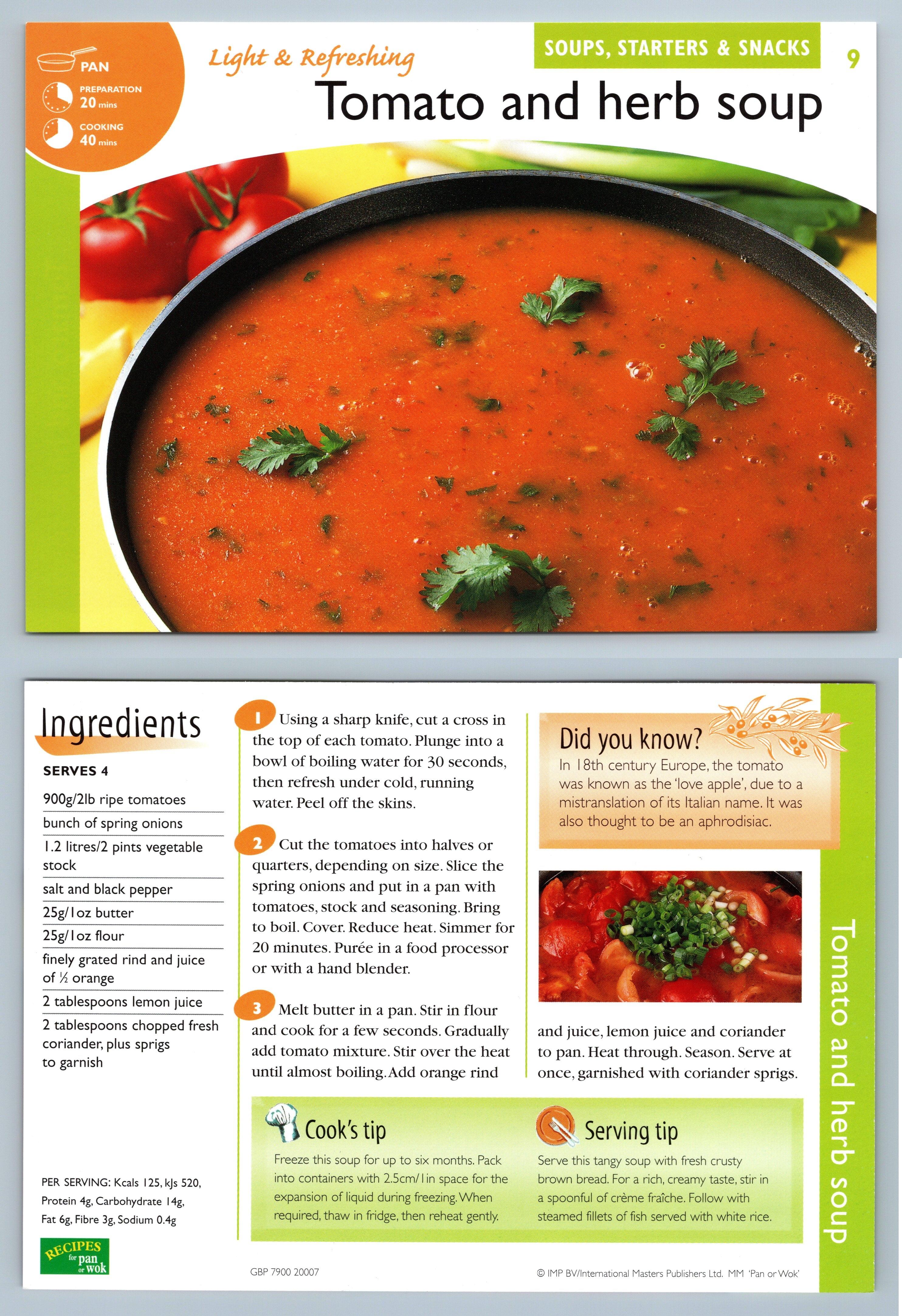 Tomato & Herb Soup #9 - Starters - Recipes For Pan Or Wok Imp Ltd Recipe Card