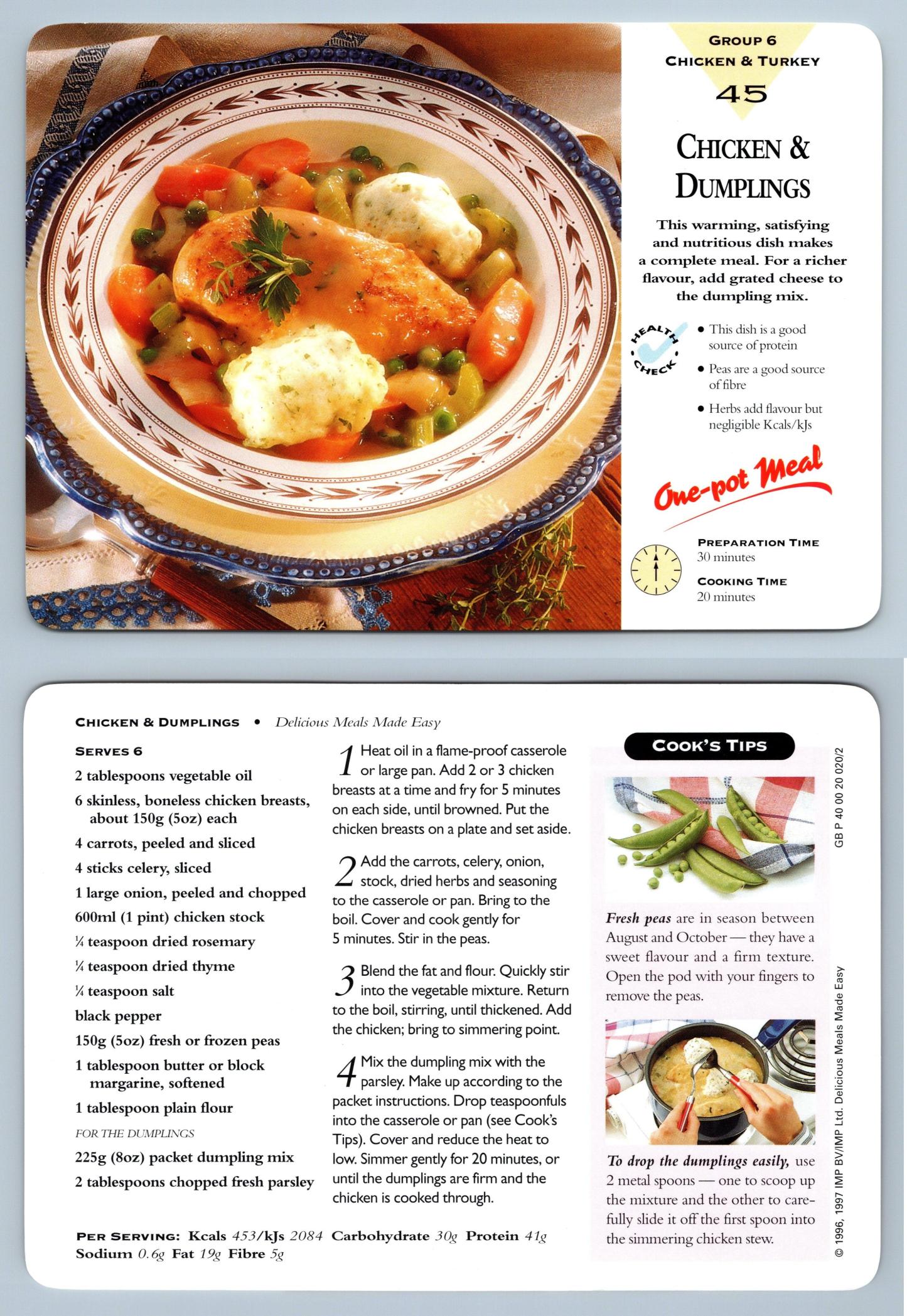 Chicken & Dumplings #45 Chicken - Delicious Meals Made Easy 1996-7 Recipe Card