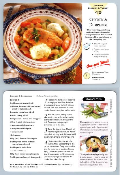Chicken & Dumplings #45 Chicken - Delicious Meals Made Easy 1996-7 Recipe Card