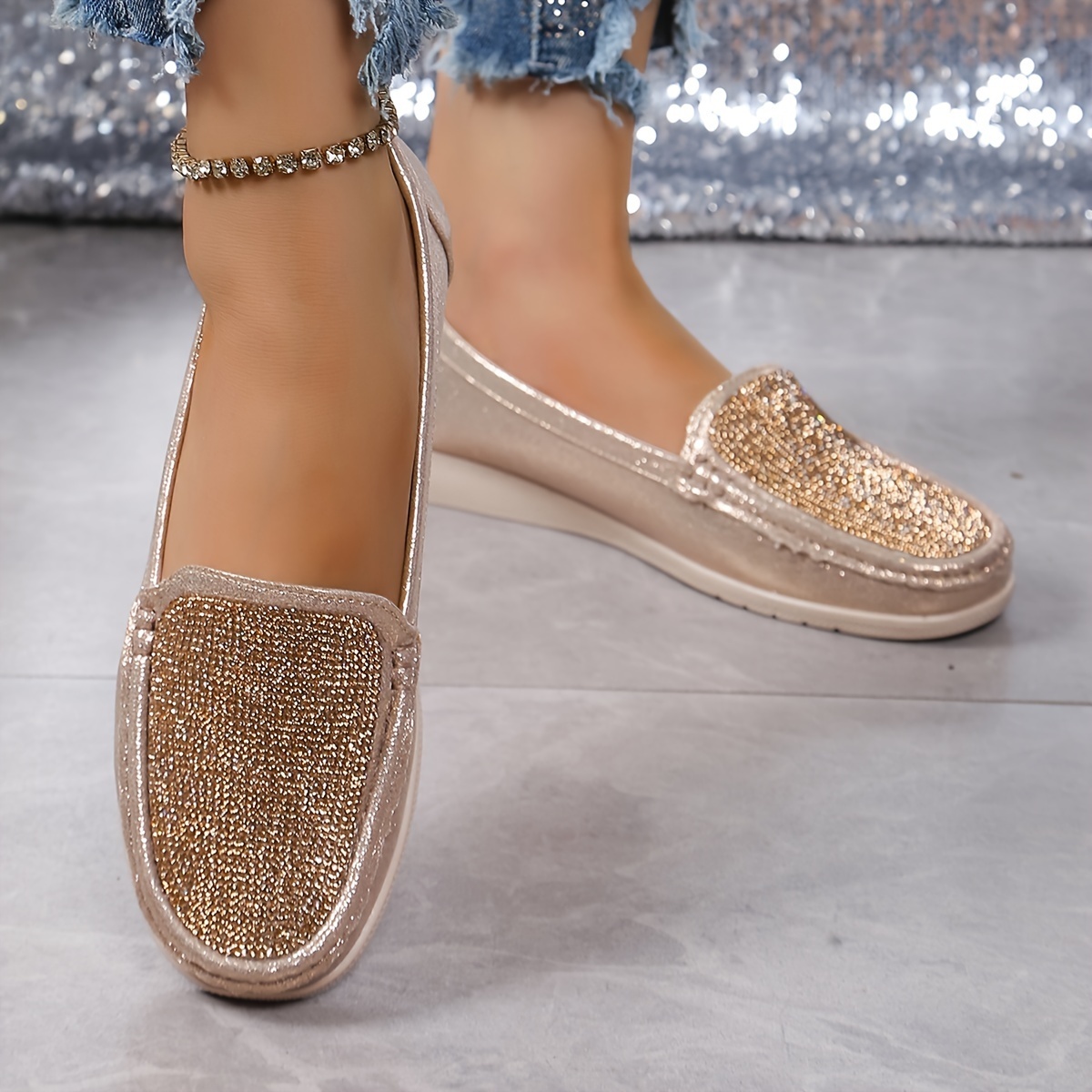 🔥Last Day 50% OFF - Women's Comfy Wide Fit Slip-On Cushion Sole Loafers with Sparkly Rhinestones