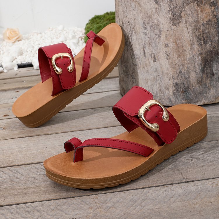 🔥Last Day Promotion 50% OFF - Ladies Supportive Wedge Toe Post Slides Adjustable Buckle Soft Cushioned Insole Slip On Sandals All Day Walking 