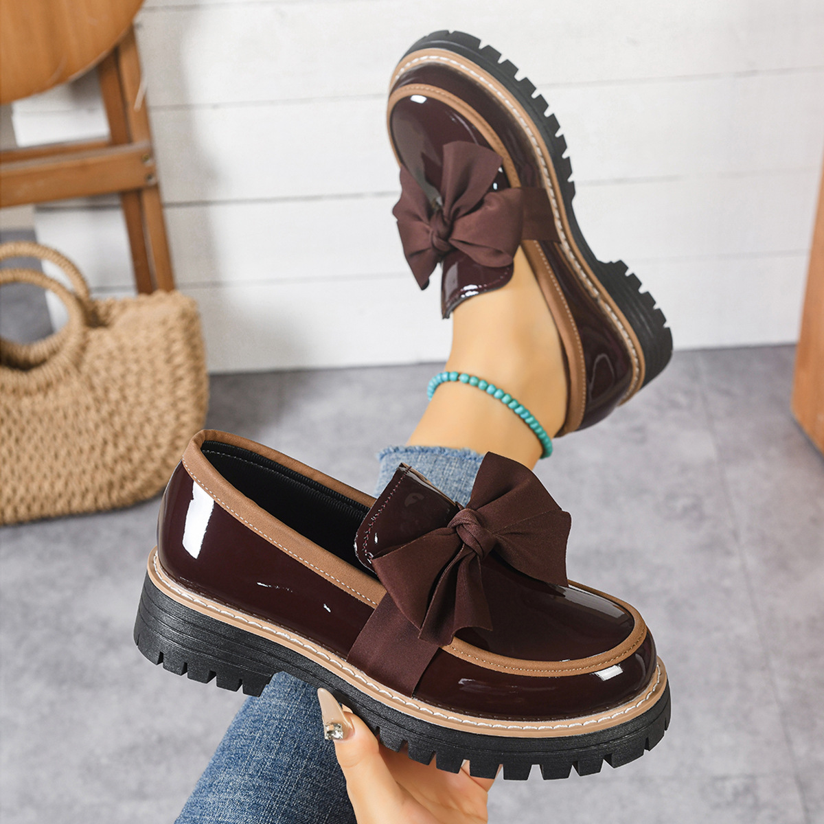 🔥Last Day Promotion 50% OFF - Womens Genuine Leather Bow Chunky Platform Loafers
