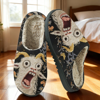 🔥Last Day 50% OFF - Screaming Goat Embroidered Slippers — Funny Gift, Non-Slip Warm House Shoes with Cozy Fleece Lining