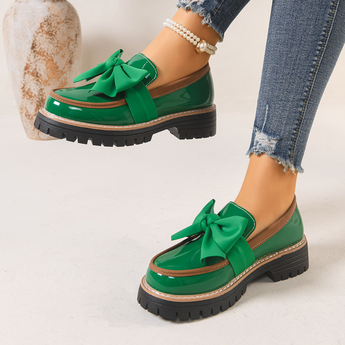 🔥Last Day Promotion 50% OFF - Womens Genuine Leather Bow Chunky Platform Loafers