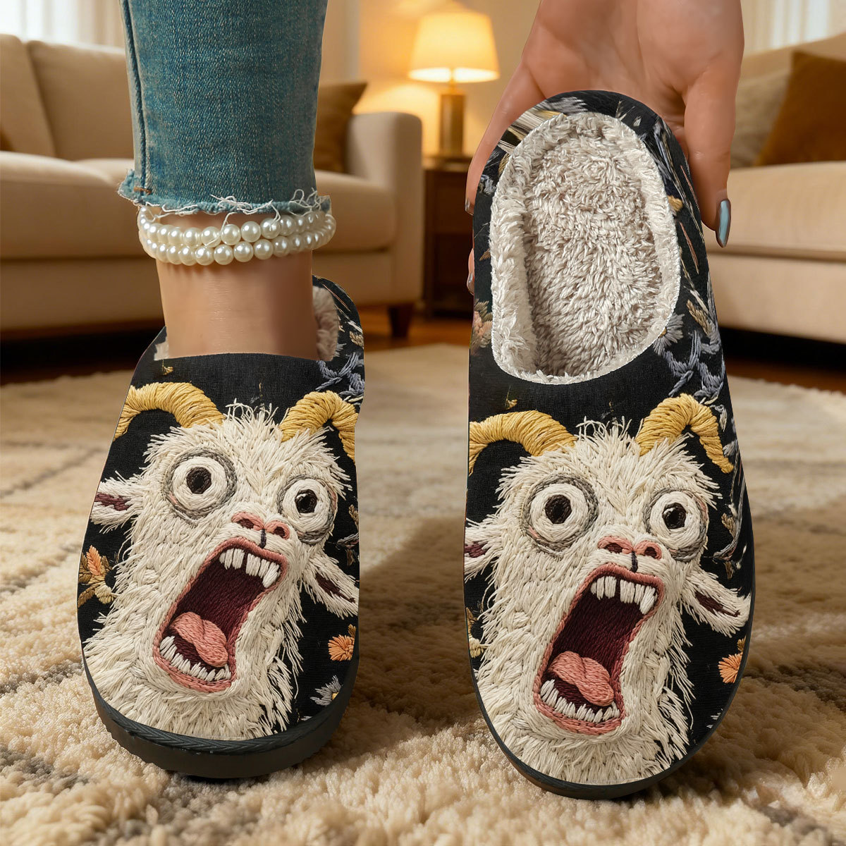 🔥Last Day 50% OFF - Screaming Goat Embroidered Slippers — Funny Gift, Non-Slip Warm House Shoes with Cozy Fleece Lining