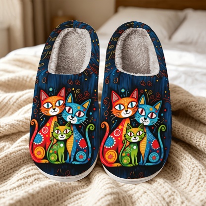 🔥Last Day 50% OFF - Funny Cat Lovers Winter Slippers — Cute Artistic Fleece-Lined Shoes, Wide Fit Cozy Non-Slip