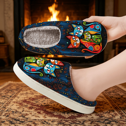 🔥Last Day 50% OFF - Funny Cat Lovers Winter Slippers — Cute Artistic Fleece-Lined Shoes, Wide Fit Cozy Non-Slip