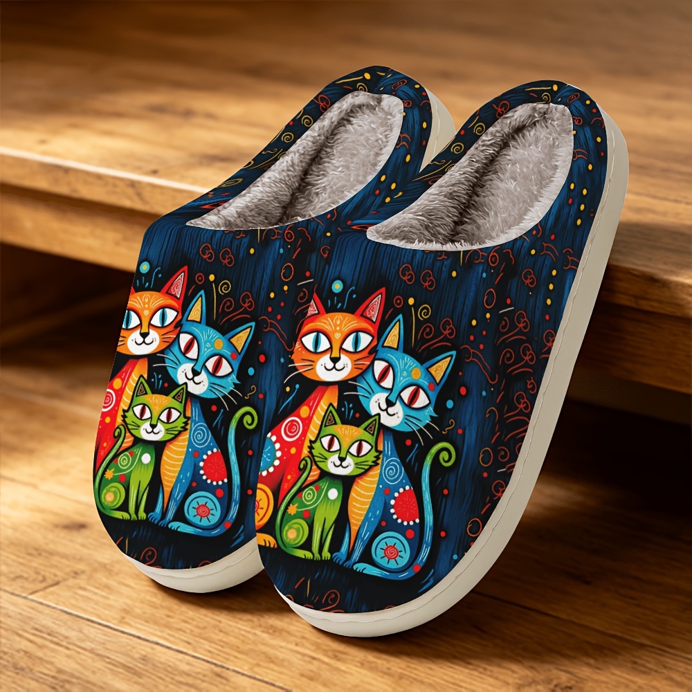 🔥Last Day 50% OFF - Funny Cat Lovers Winter Slippers — Cute Artistic Fleece-Lined Shoes, Wide Fit Cozy Non-Slip