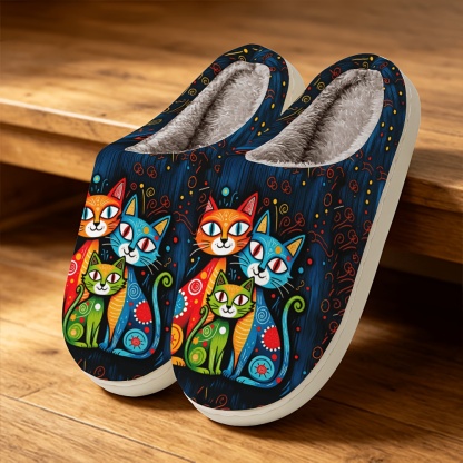 🔥Last Day 50% OFF - Funny Cat Lovers Winter Slippers — Cute Artistic Fleece-Lined Shoes, Wide Fit Cozy Non-Slip