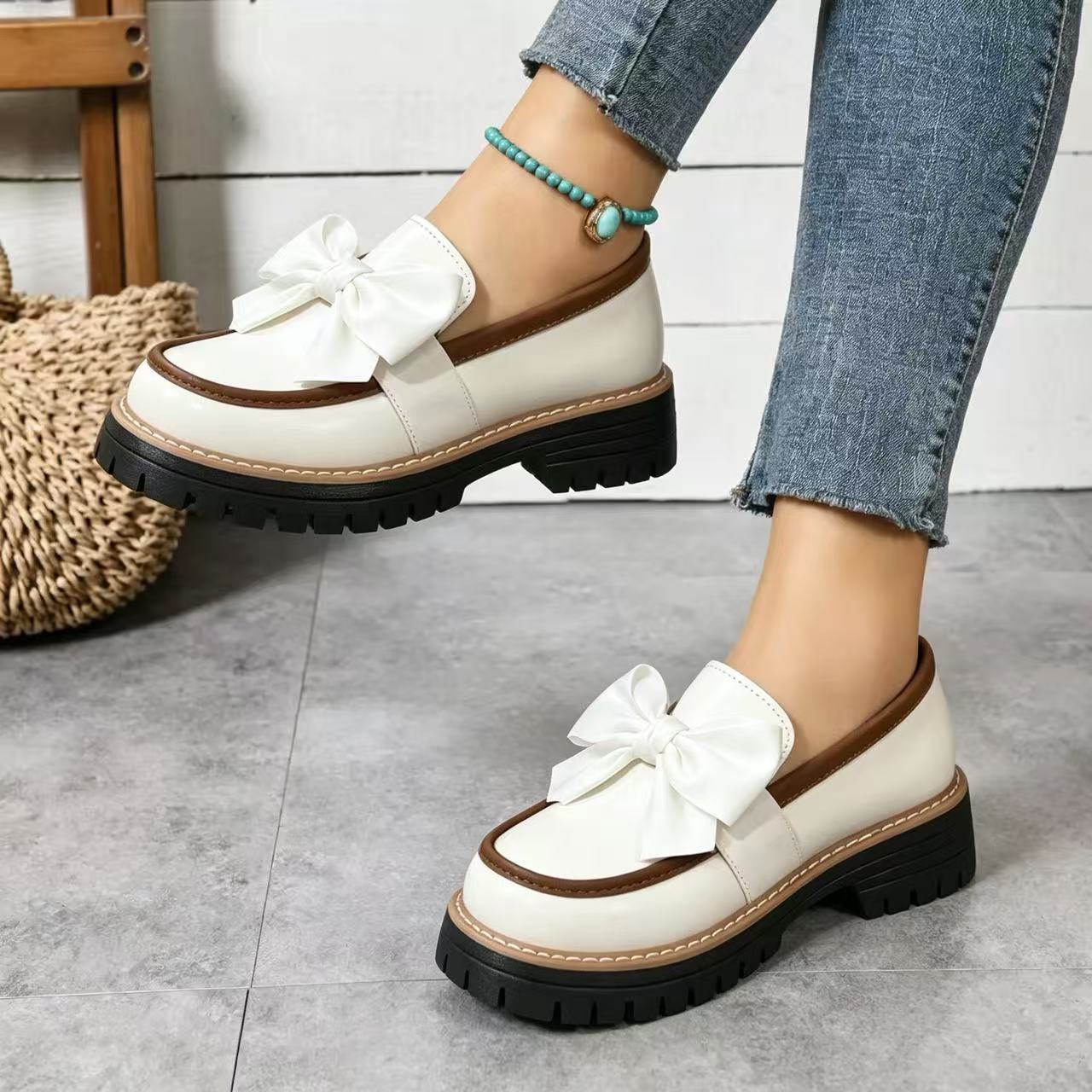 🔥Last Day Promotion 50% OFF - Womens Genuine Leather Bow Chunky Platform Loafers