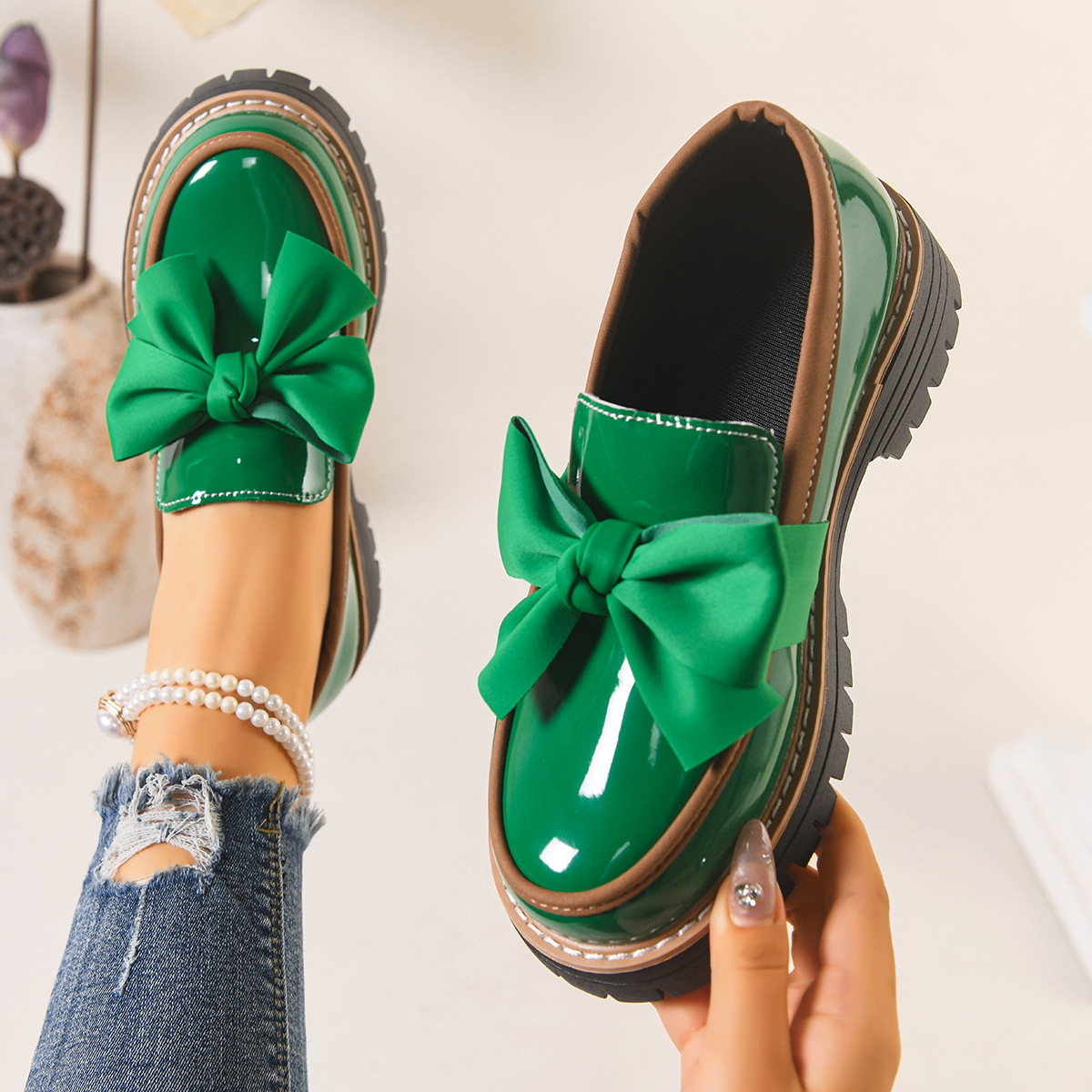 🔥Last Day Promotion 50% OFF - Womens Genuine Leather Bow Chunky Platform Loafers