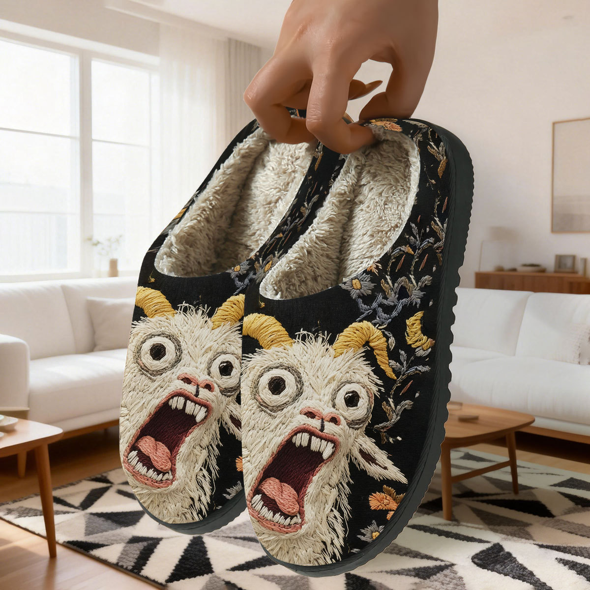 🔥Last Day 50% OFF - Screaming Goat Embroidered Slippers — Funny Gift, Non-Slip Warm House Shoes with Cozy Fleece Lining