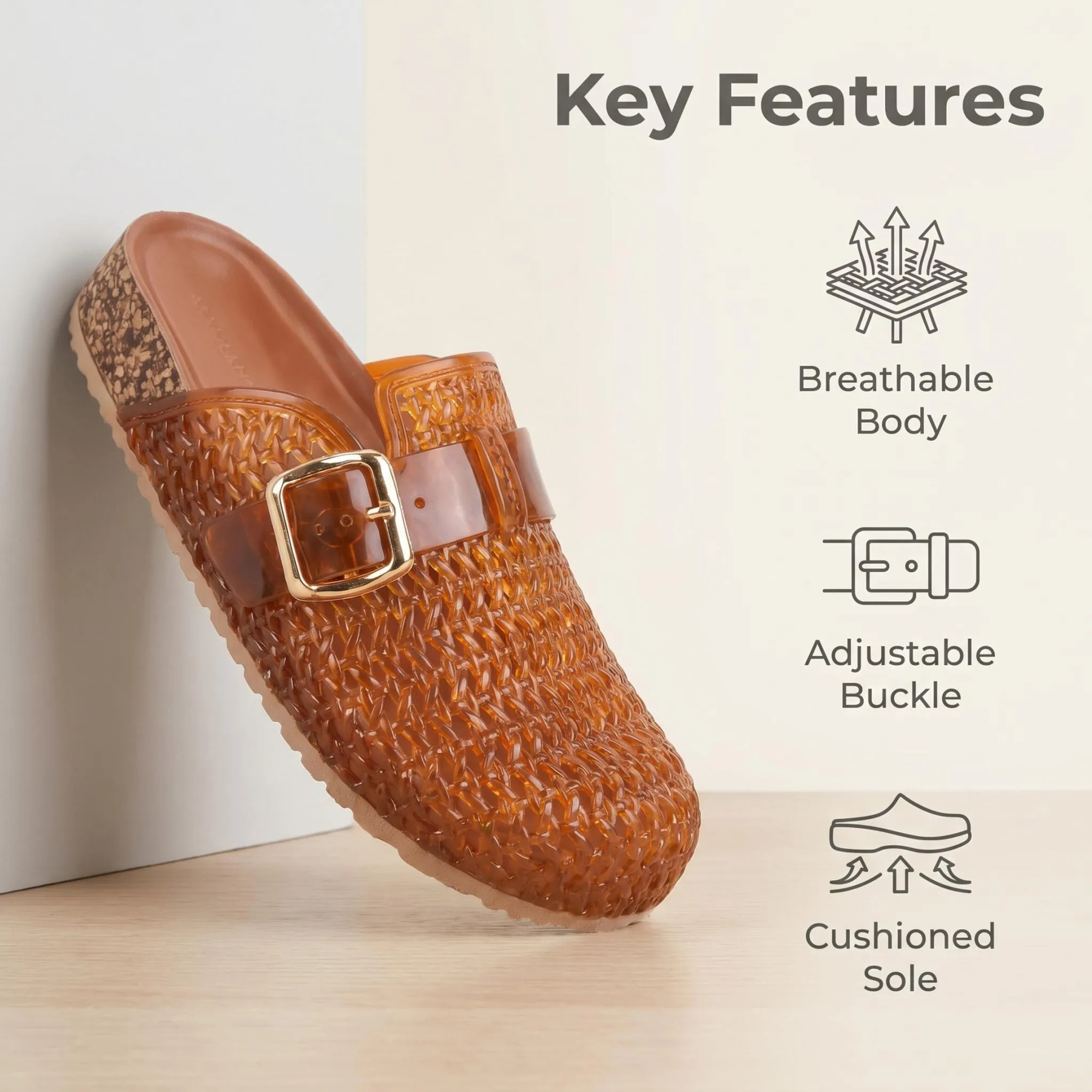🔥Last Day Promotion 50% OFF - Ladies Breathable Slip-On Jelly Clogs Adjustable Buckle Cork Cushioned Insole