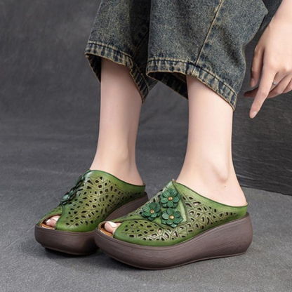 🔥Last Day Promotion 50% OFF - Women’s Vintage-Style Handmade Floral Genuine Leather Thick-Soled Wedge Sandals