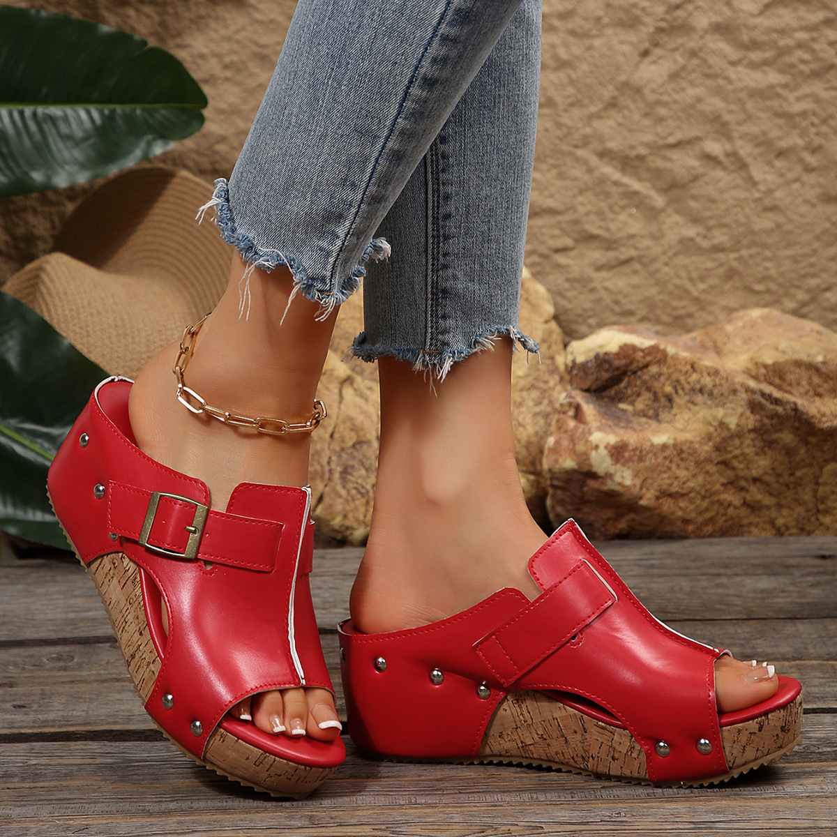 🔥Last Day Promotion 50% OFF - Women's Studded Embellished Thick Leather Orthopaedic Sandals