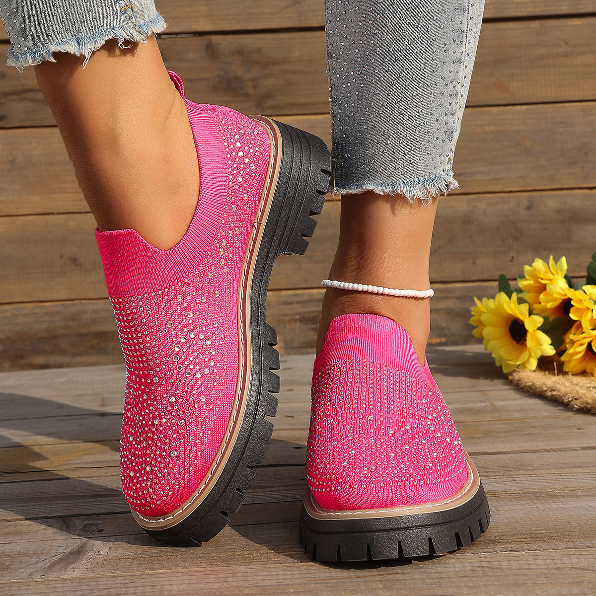 🔥Last Day Promotion 50% OFF - Women’s Fashionable Rhinestone Thick Sole Loafers