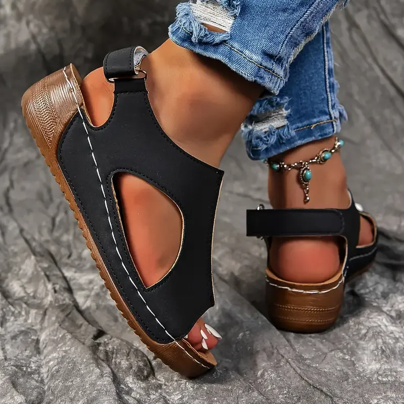 🔥Last Day Promotion 50% OFF - Women's Solid Colour Wedge Heel Leather Sandals